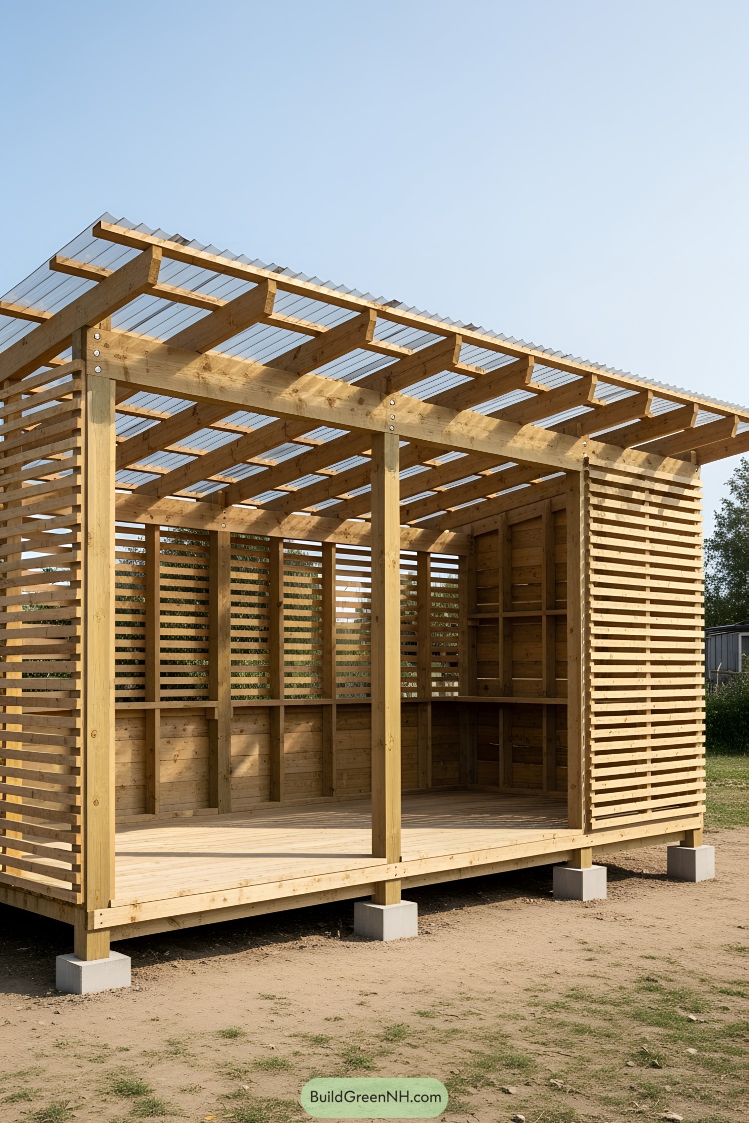 Wooden shed with slatted walls and a clear roof