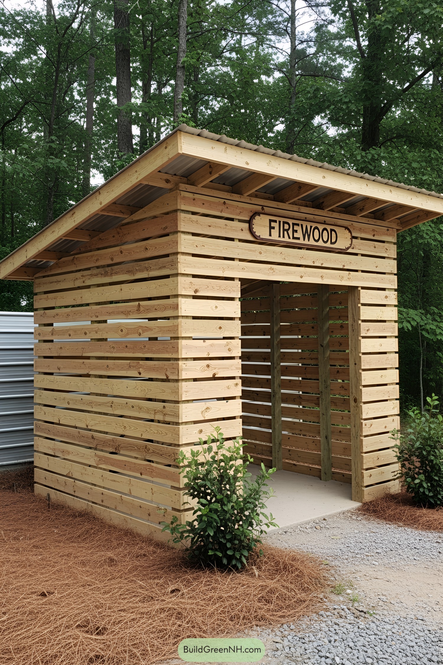 Wooden firewood shed in a forest setting
