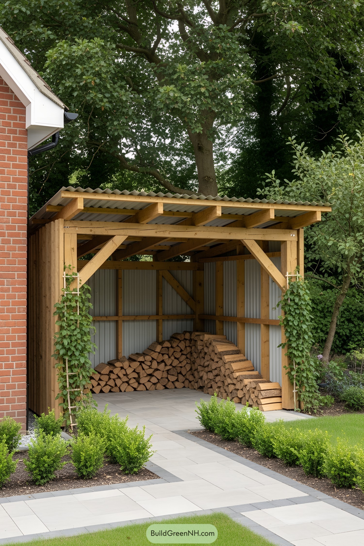 Firewood neatly stacked under a wooden shed