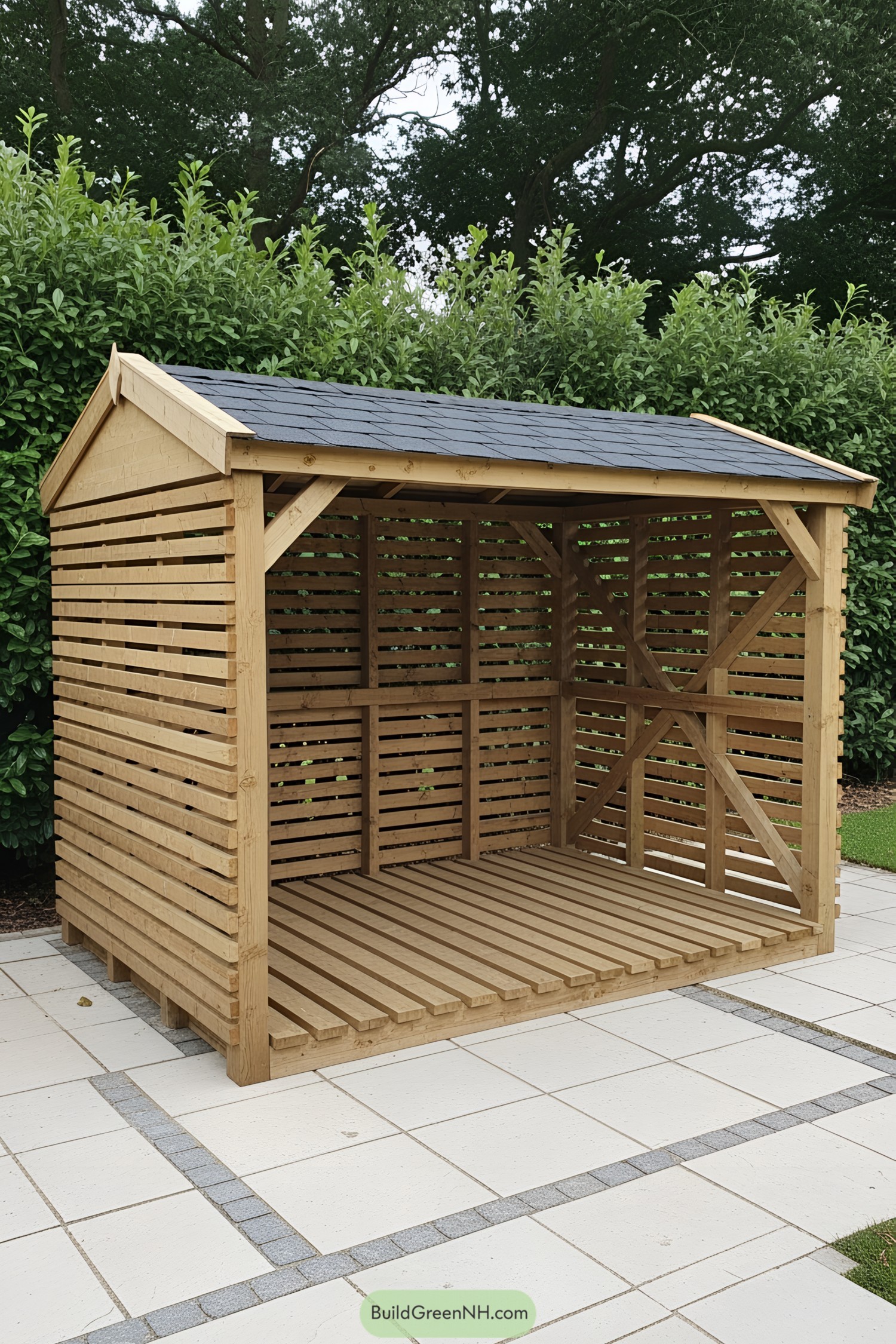 Neatly crafted wooden firewood shed with a slatted design