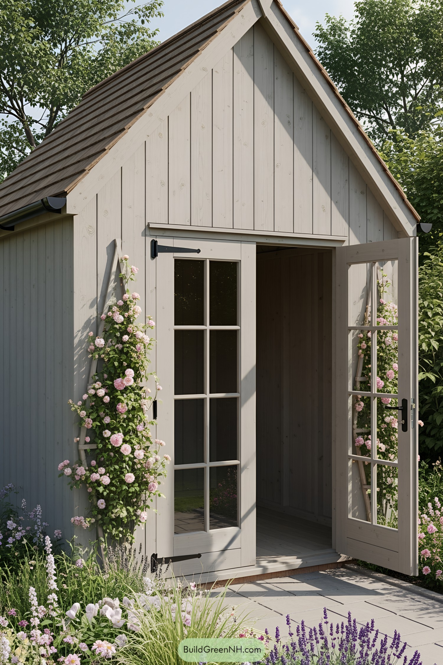 Charming garden shed with flowering vines