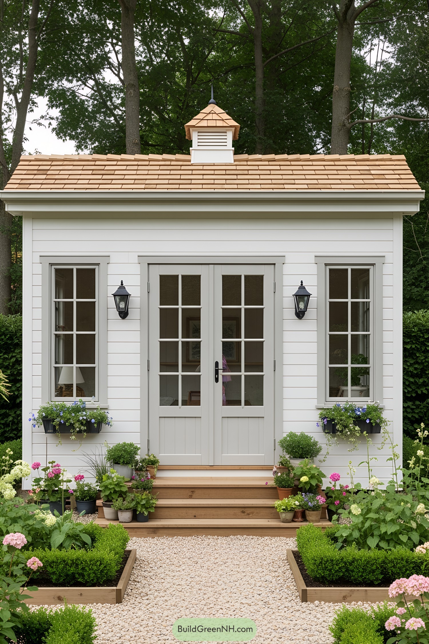 Charming white garden shed with flower boxes and a wooden roof