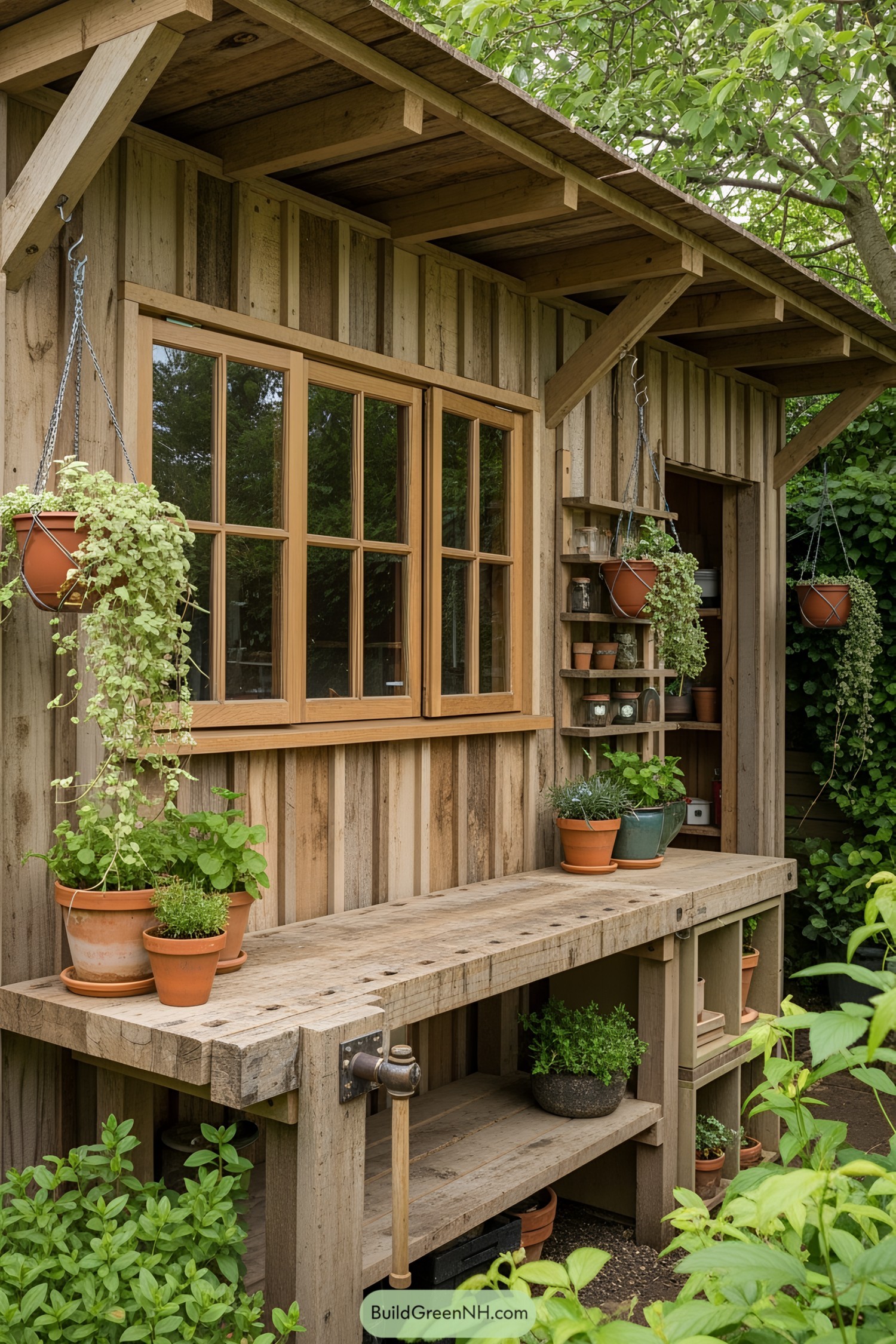 Wooden shed with plants and a workbench