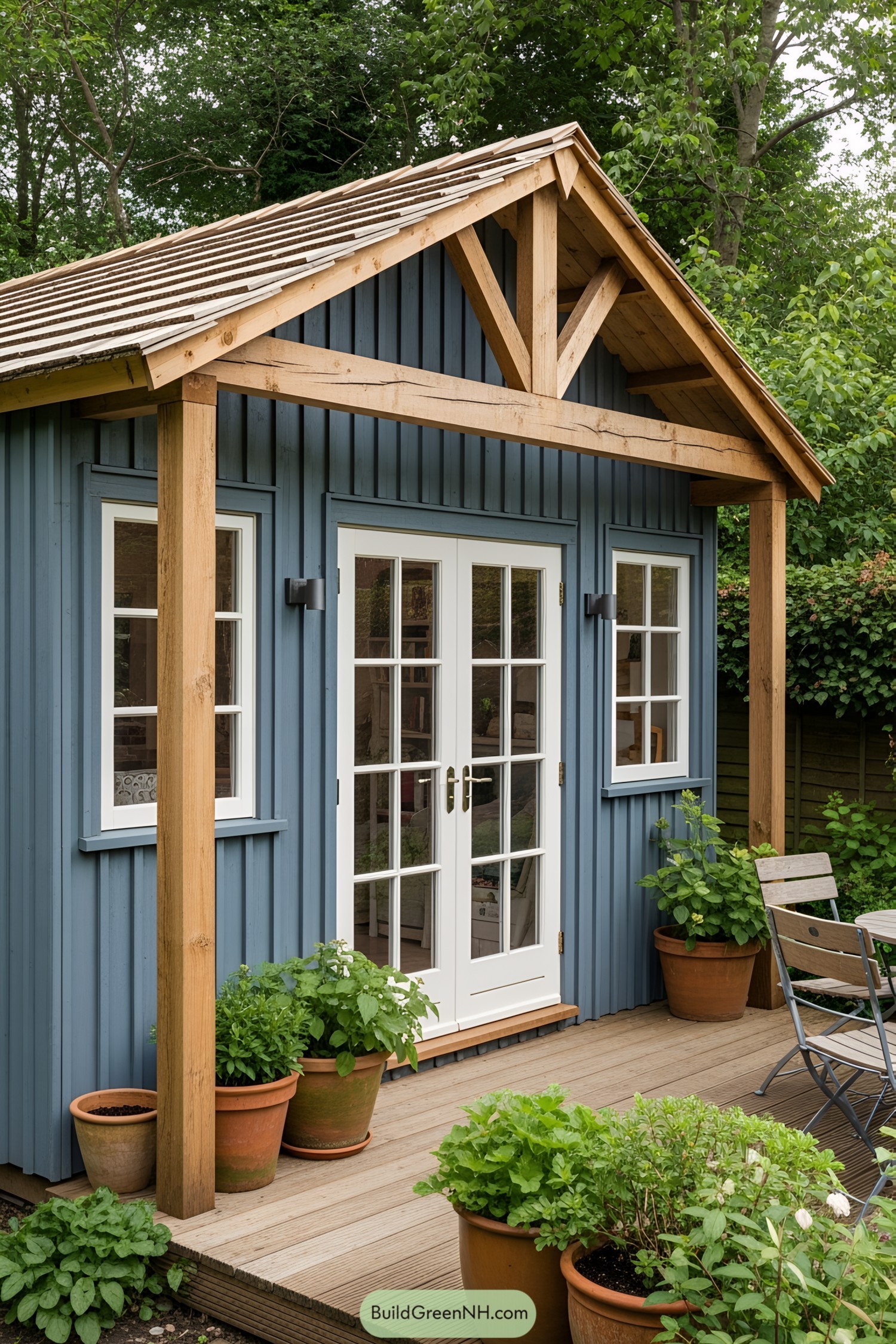 Blue garden shed with white doors and wooden beams