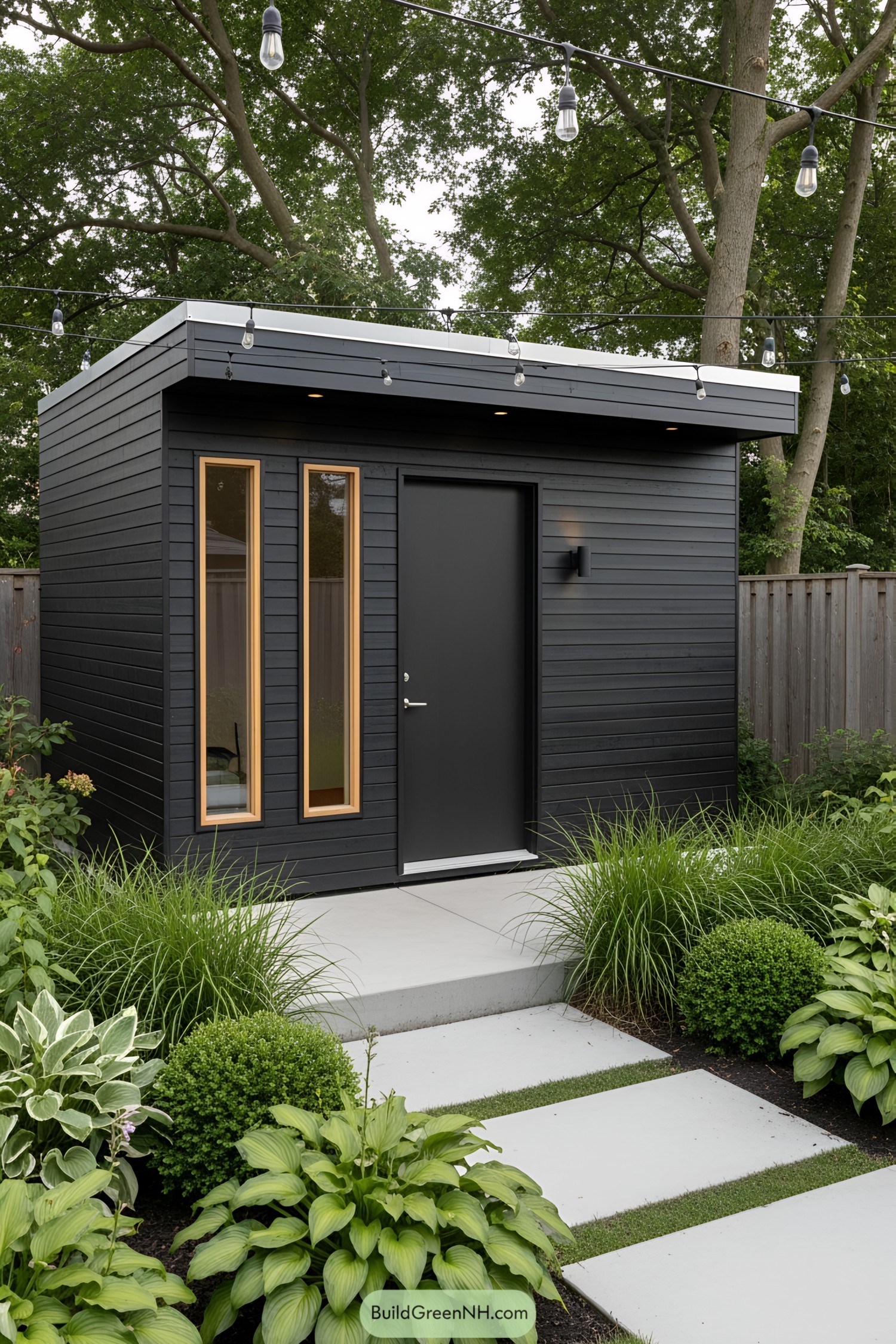 Modern black garden shed with string lights and lush greenery