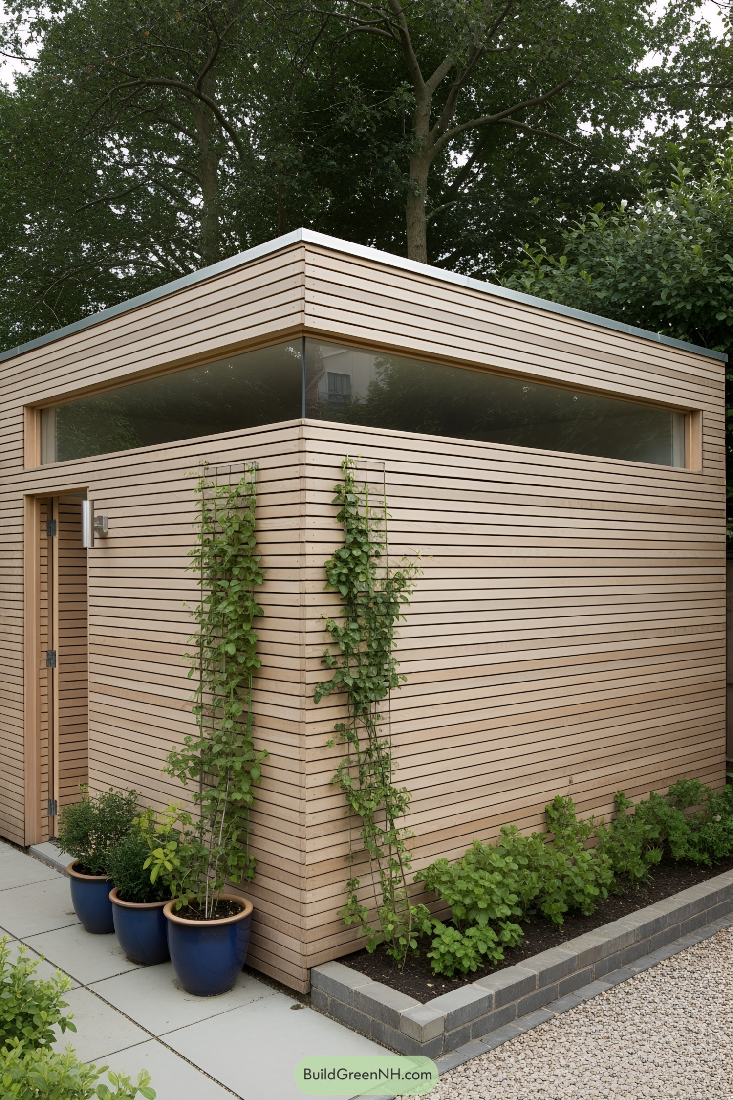 Stylish wooden garden shed with plants