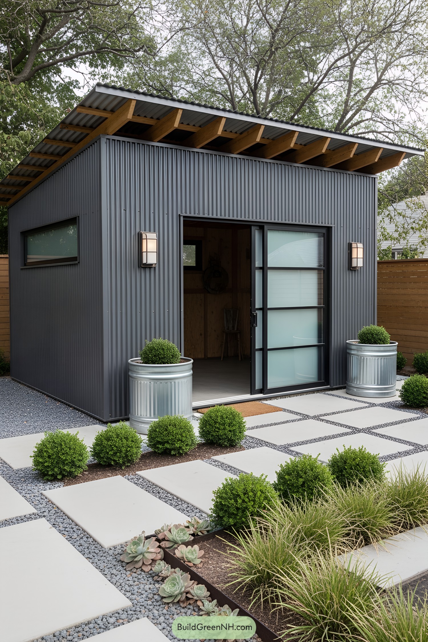 Sleek gray garden shed with modern accents