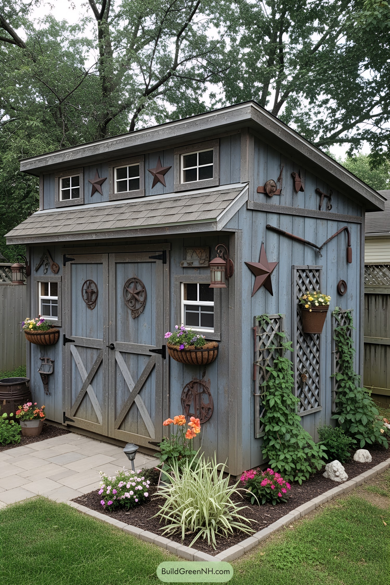 Cozy blue shed with potted flowers and star accents
