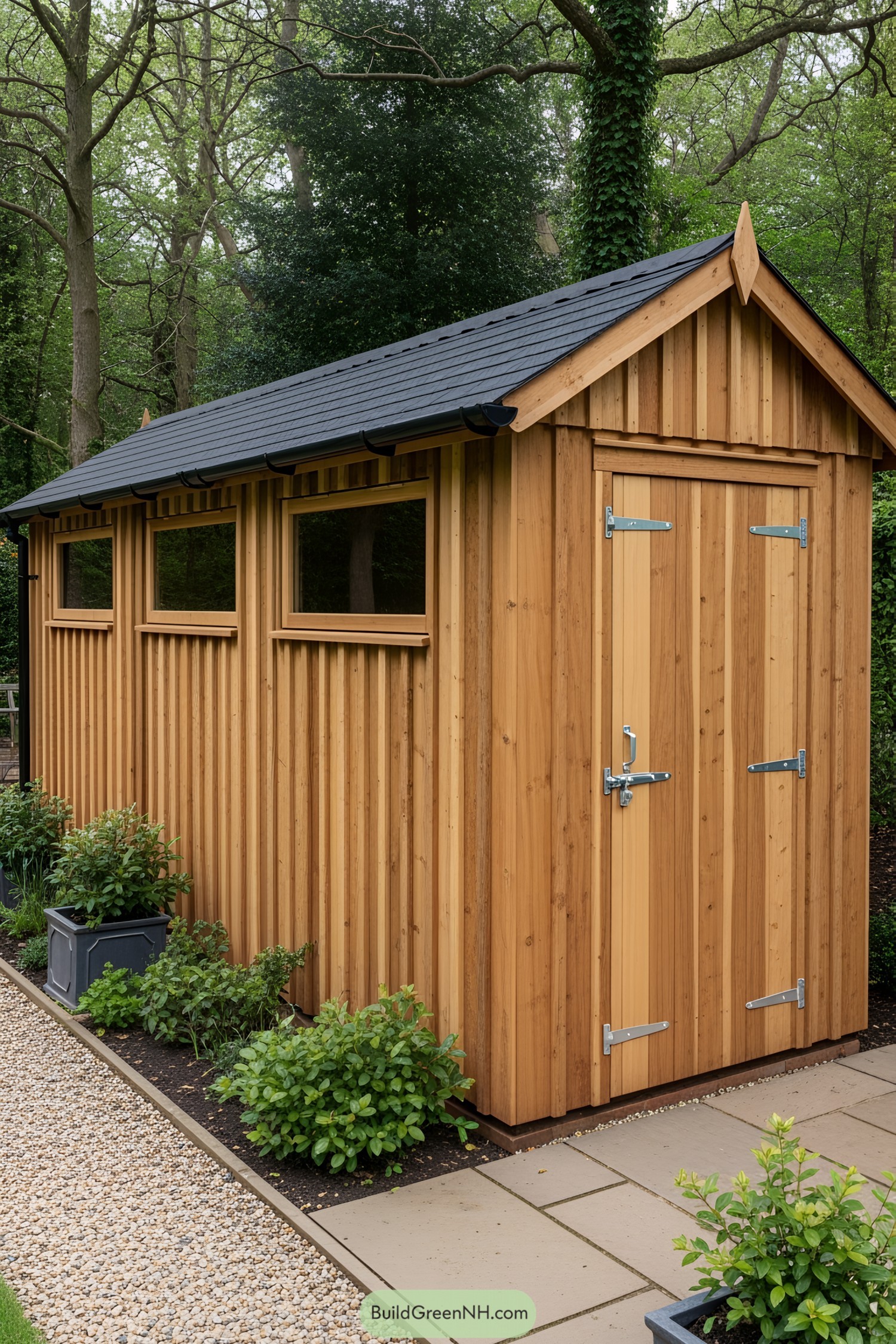 Wooden garden shed with a pitched roof