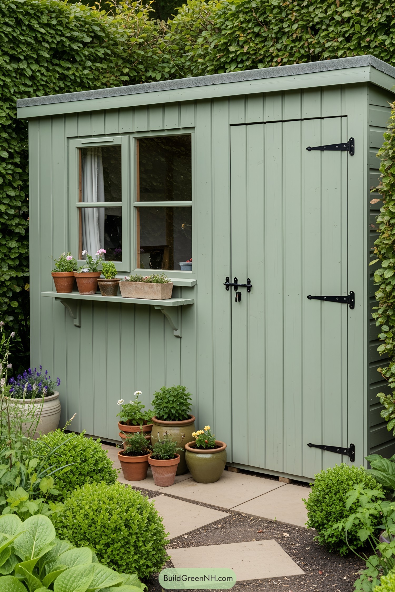 Small green garden shed with potted plants