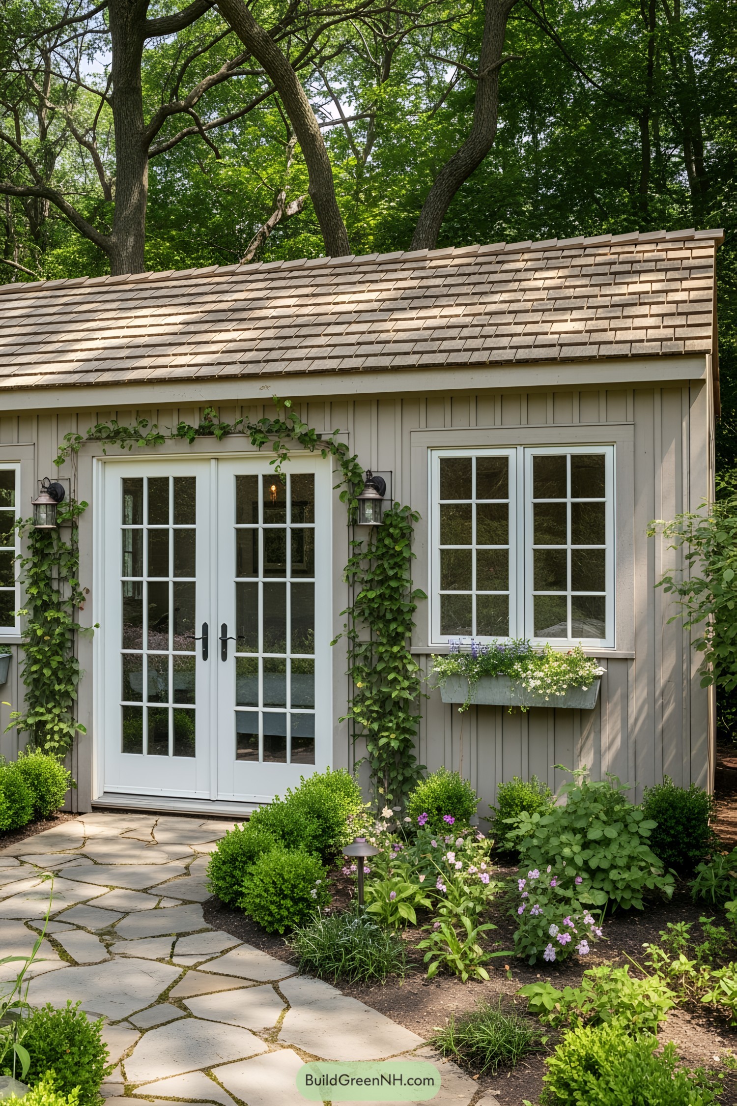 Garden shed with French doors and surrounding greenery