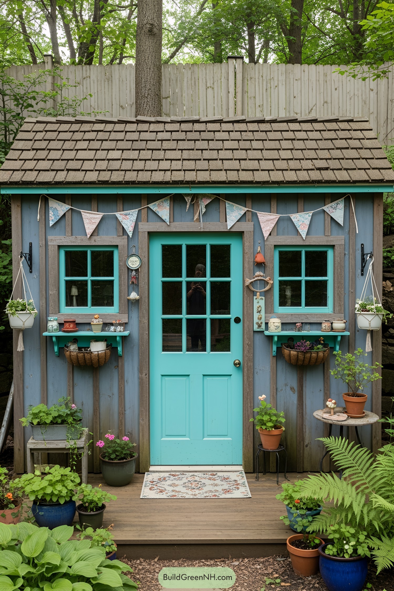 Charming shed with teal accents and lush plants