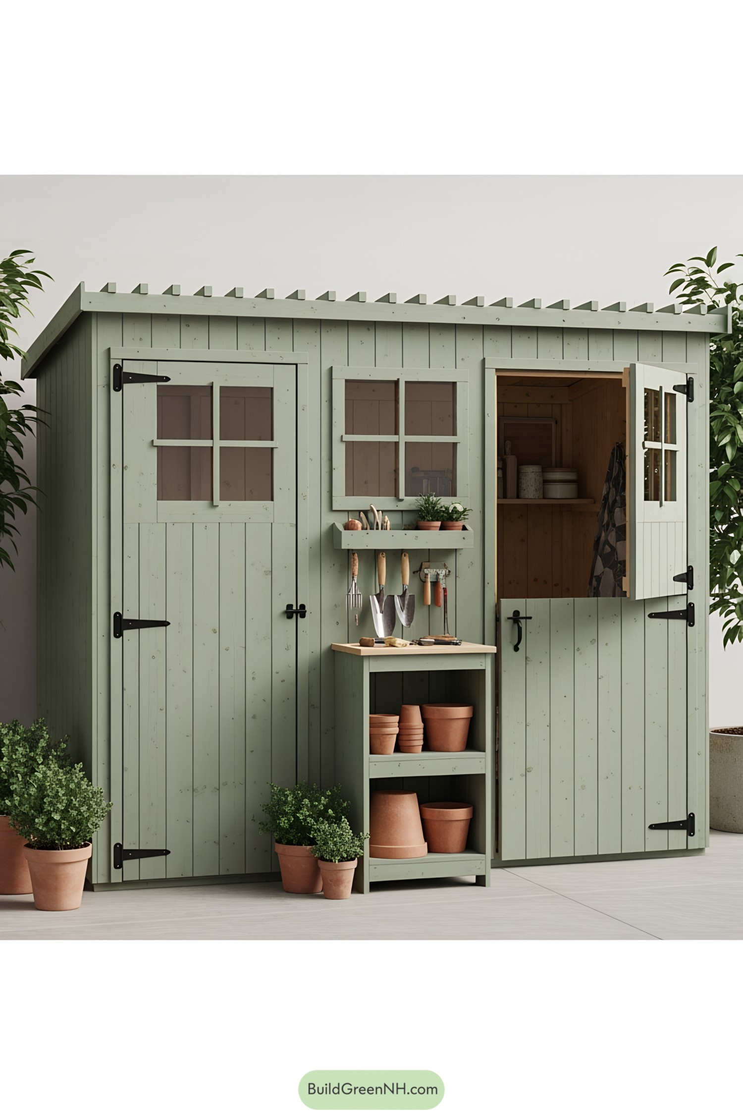Pale green garden shed with open Dutch door