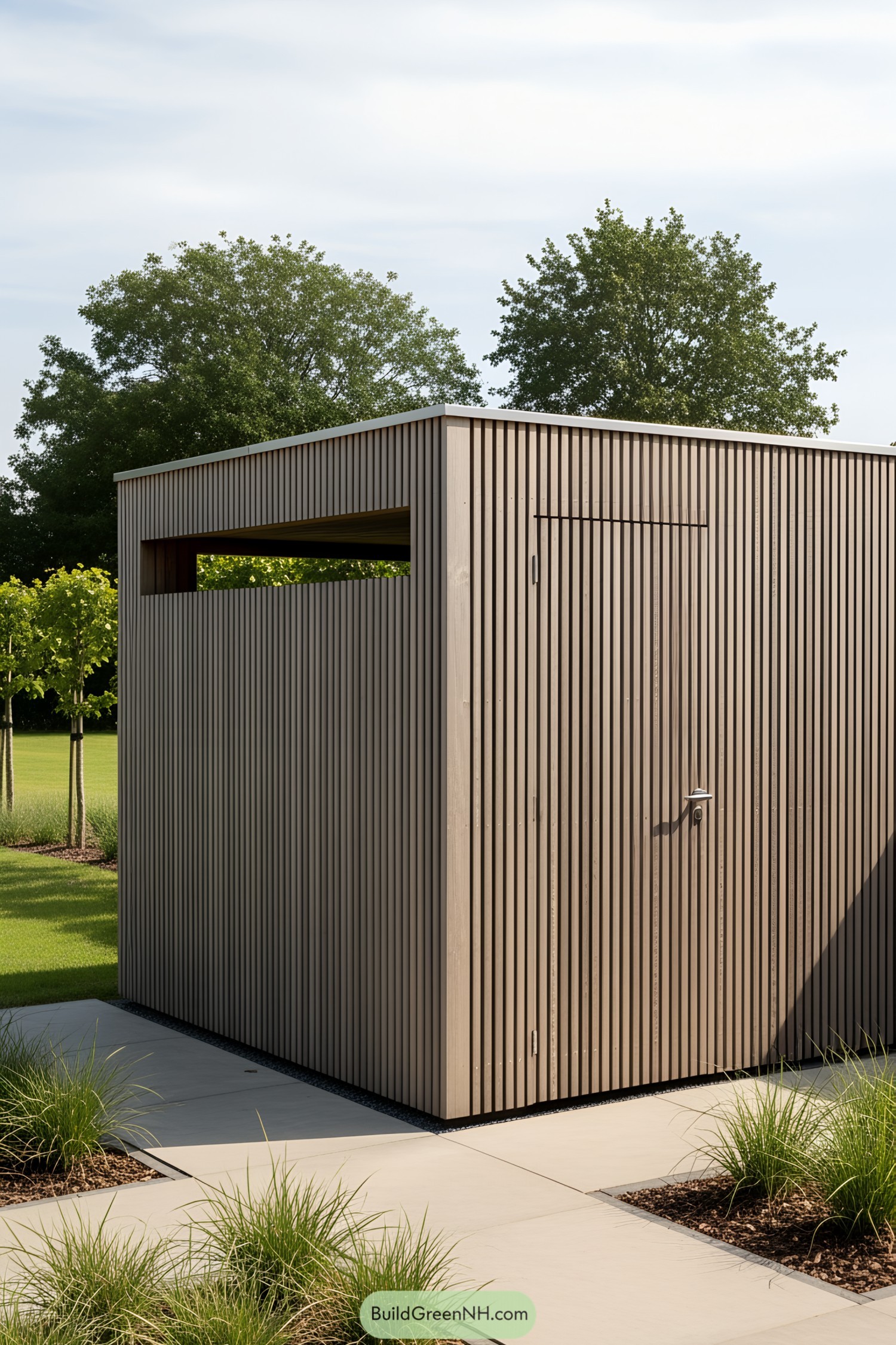 Wooden garden shed with vertical slats