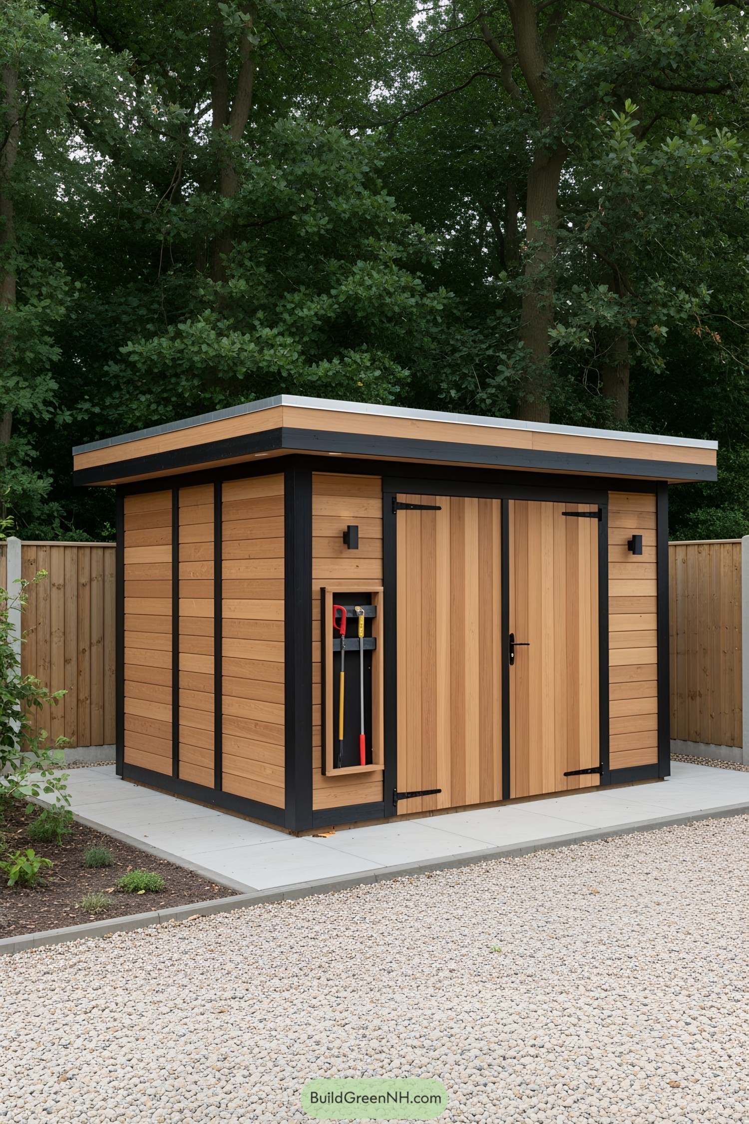 Stylish wooden garden shed with a flat roof