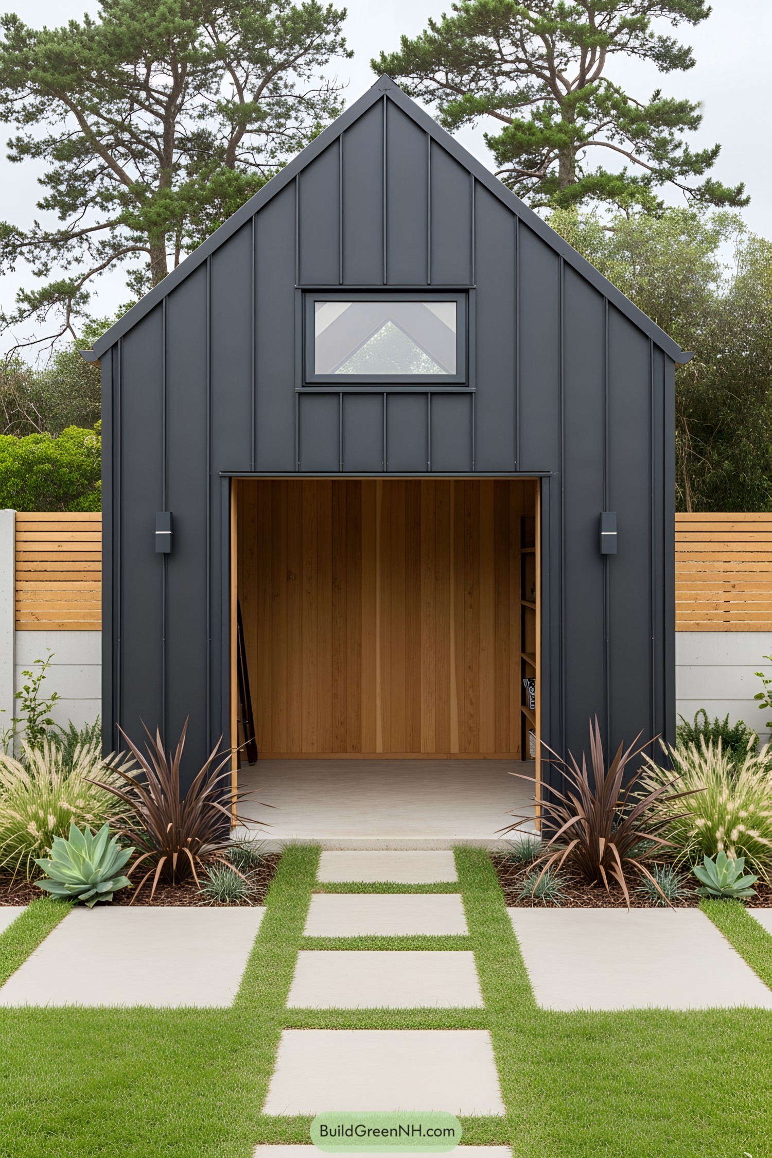 A sleek garden shed with open doors and a geometric pathway