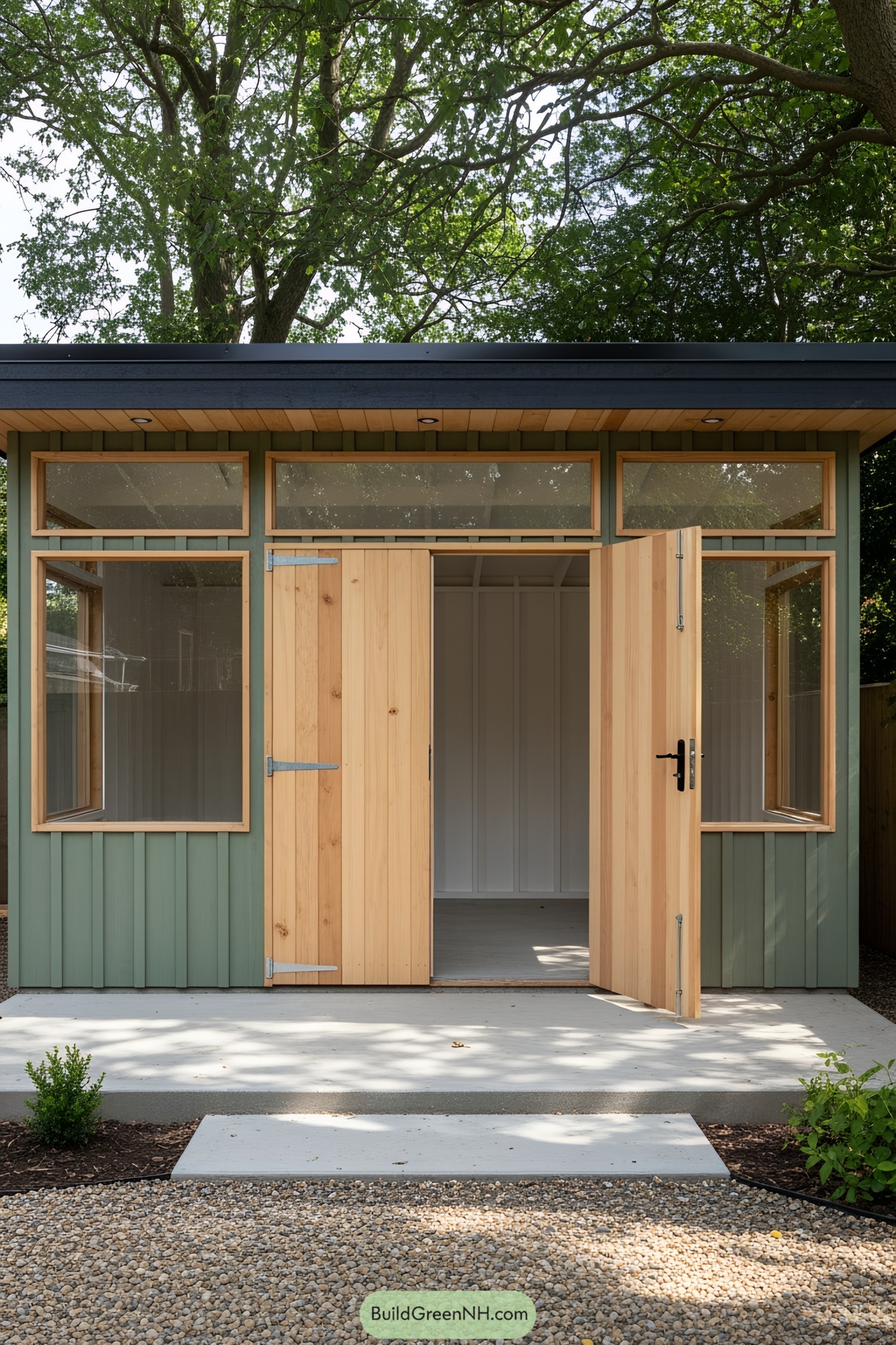 Modern garden shed with open doors
