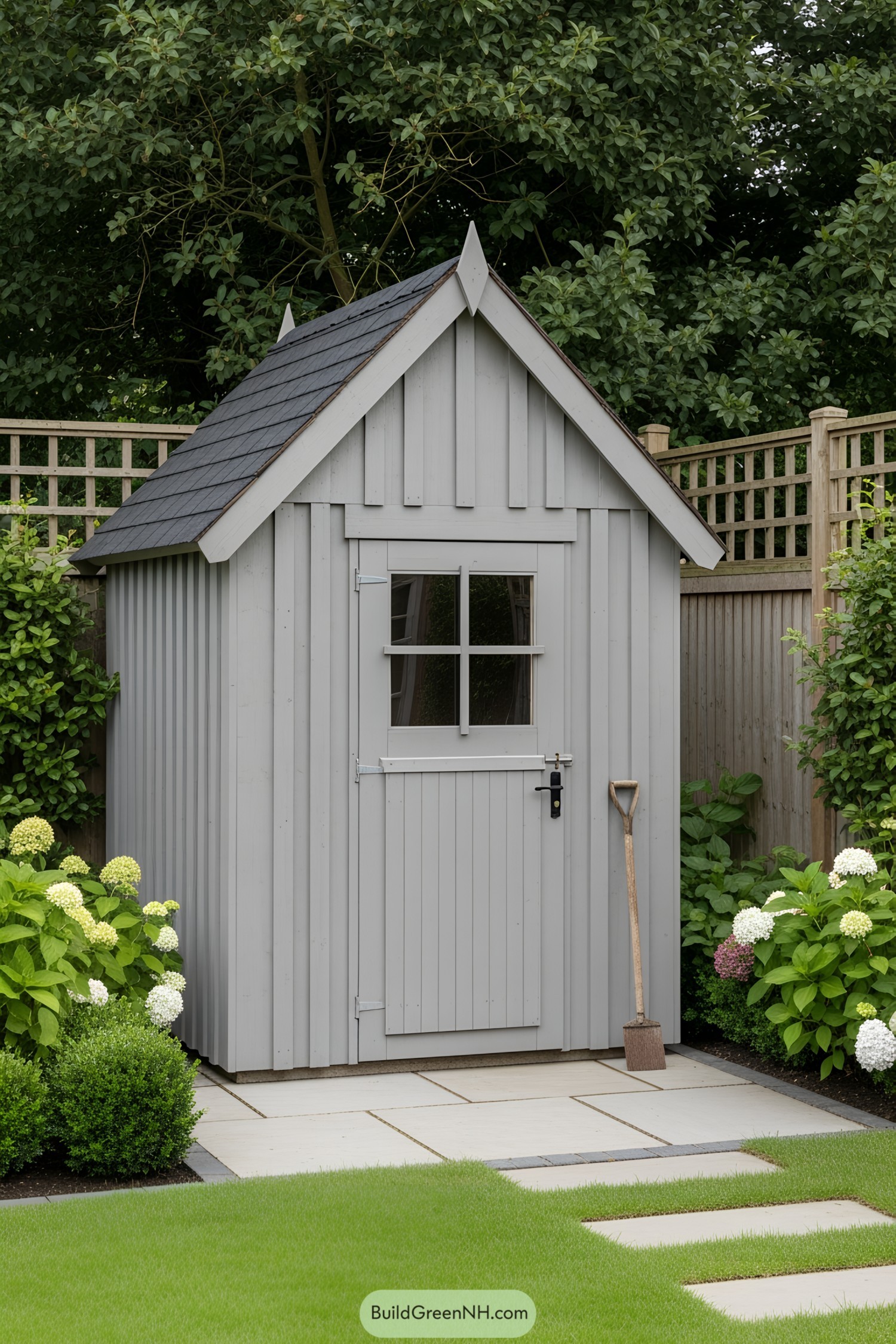 Gray garden shed with a peaked roof, surrounded by greenery