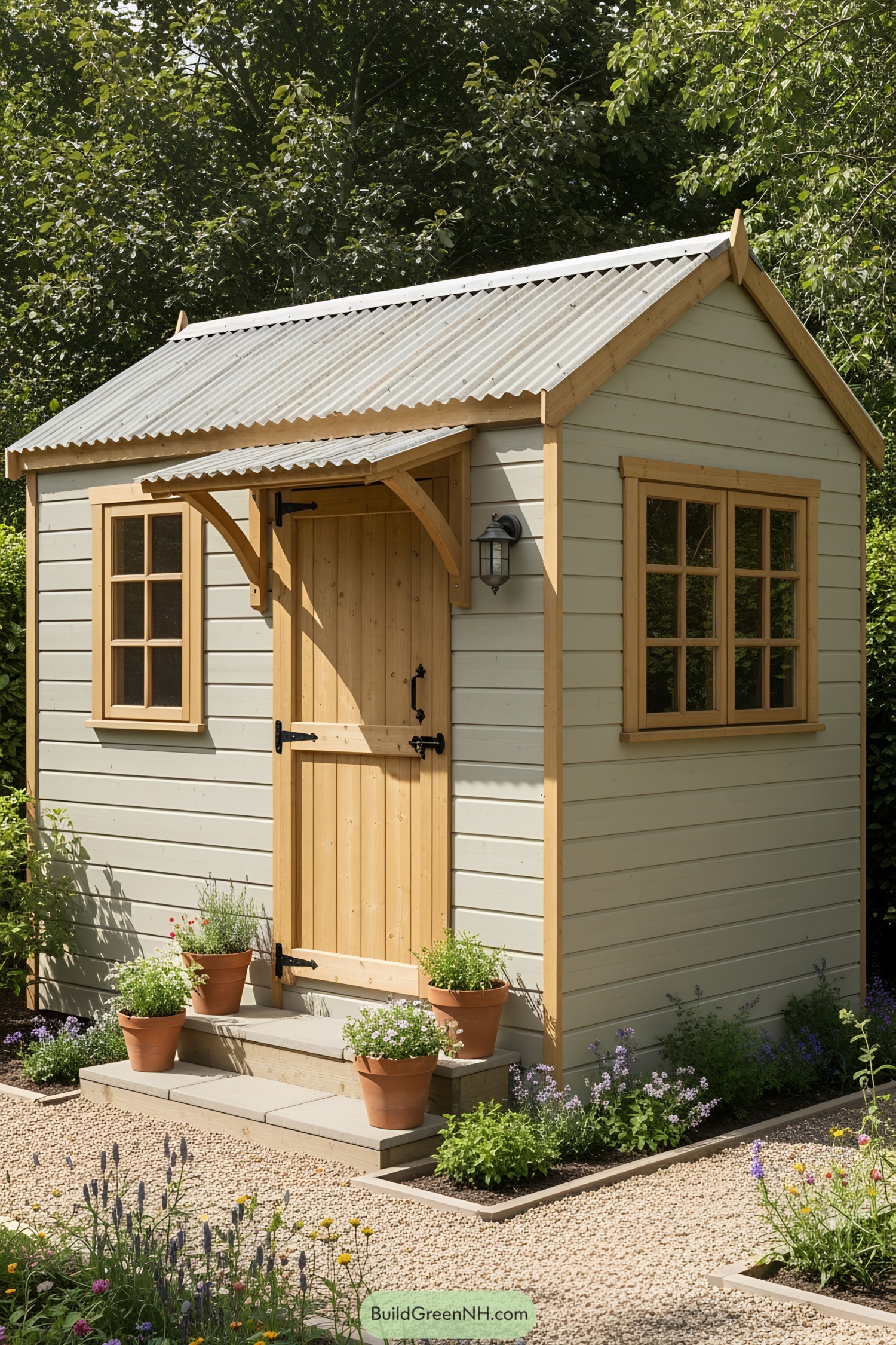 Cozy garden shed with potted plants