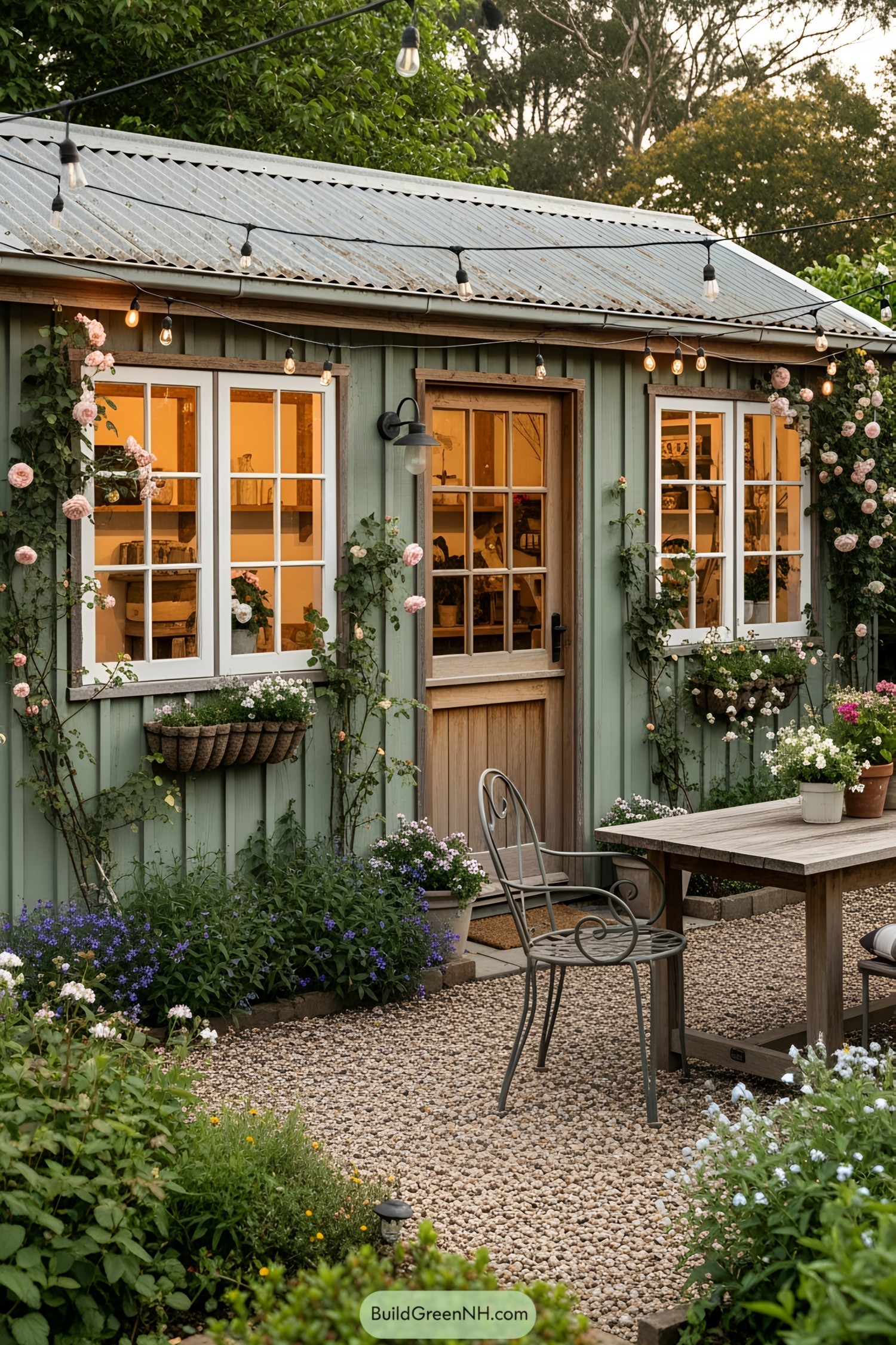 Cozy garden shed with string lights and flowers