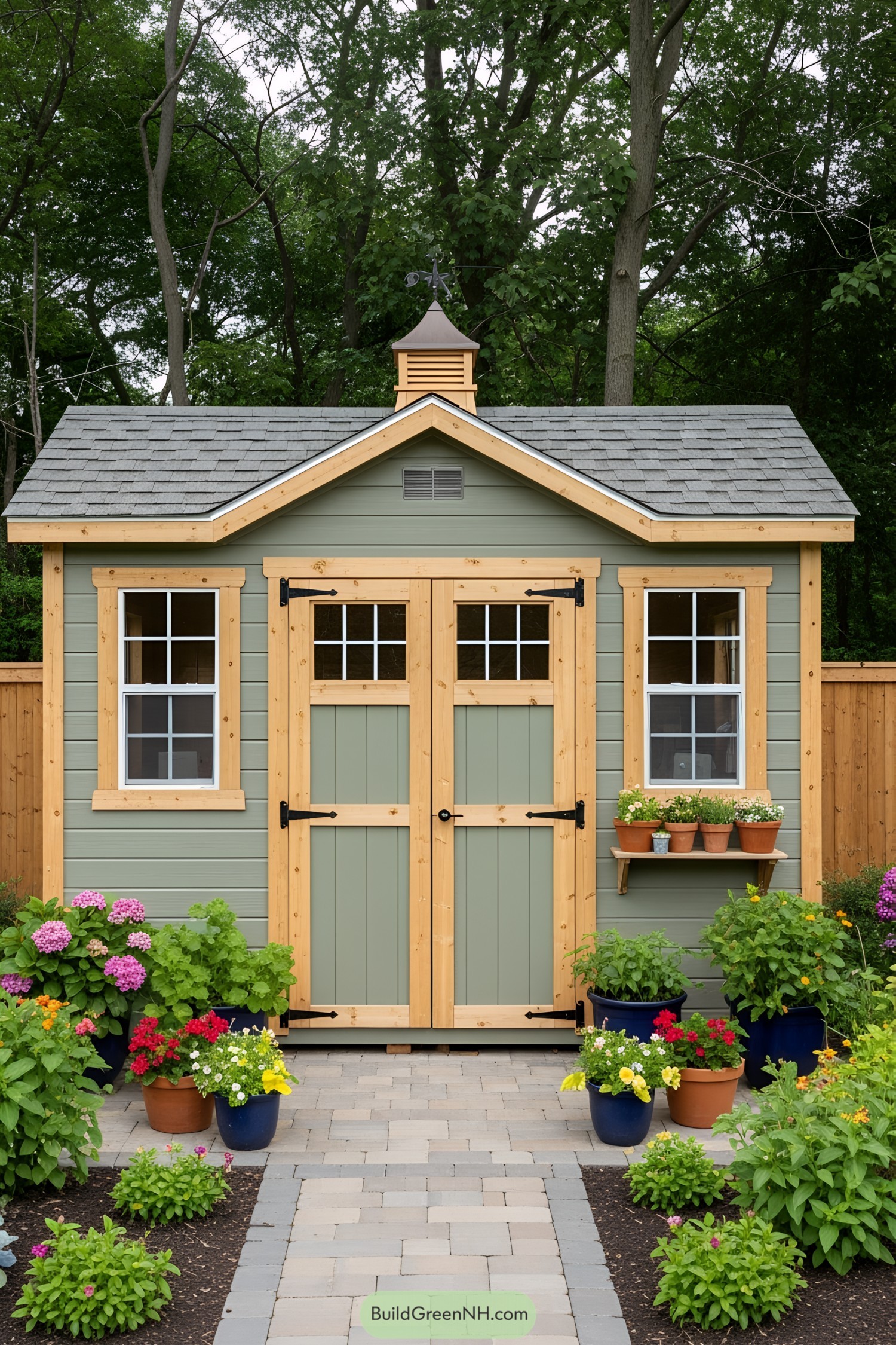 Charming garden shed with potted plants and a shingled roof