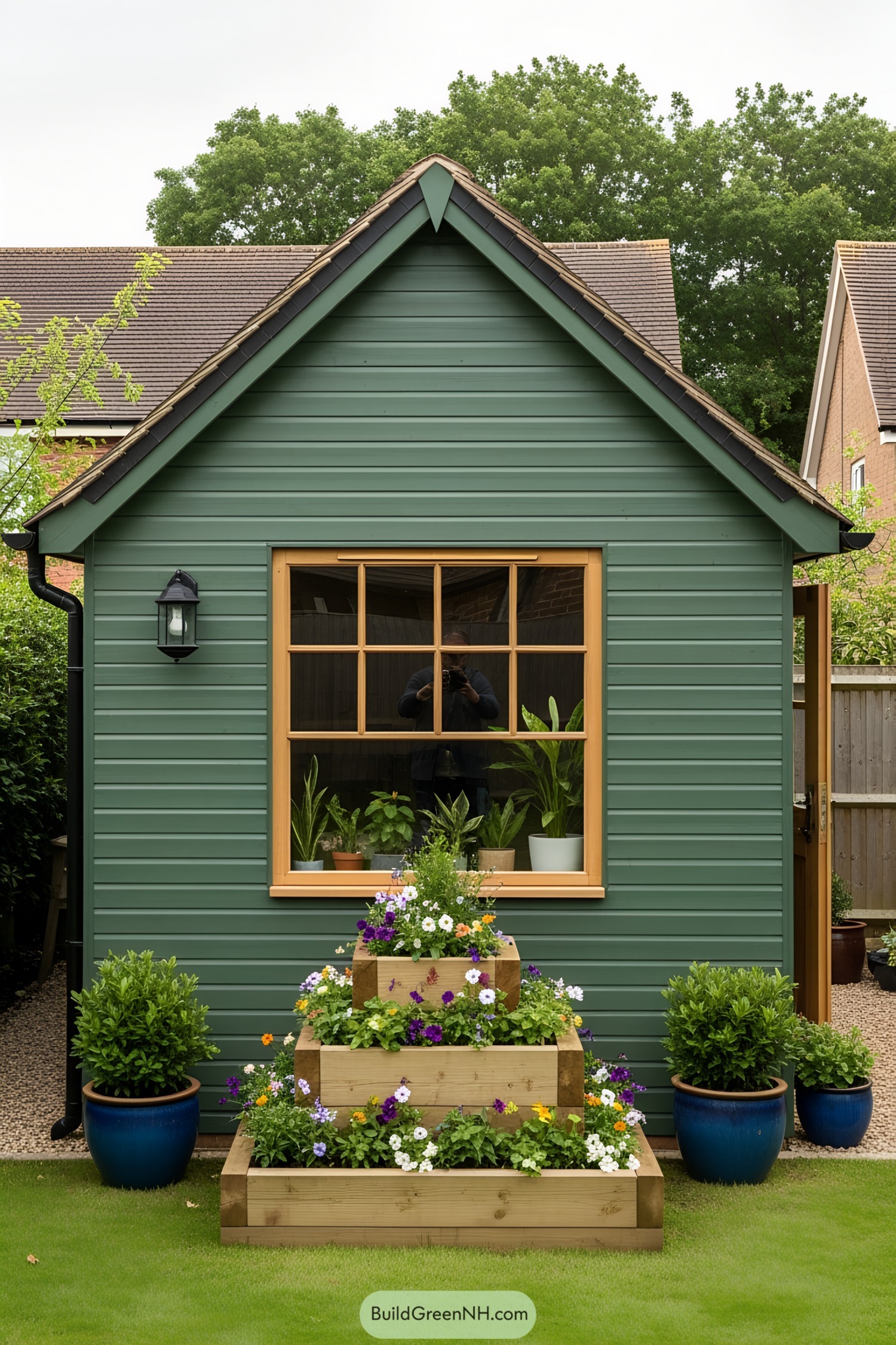 Green garden shed with a window and flower boxes