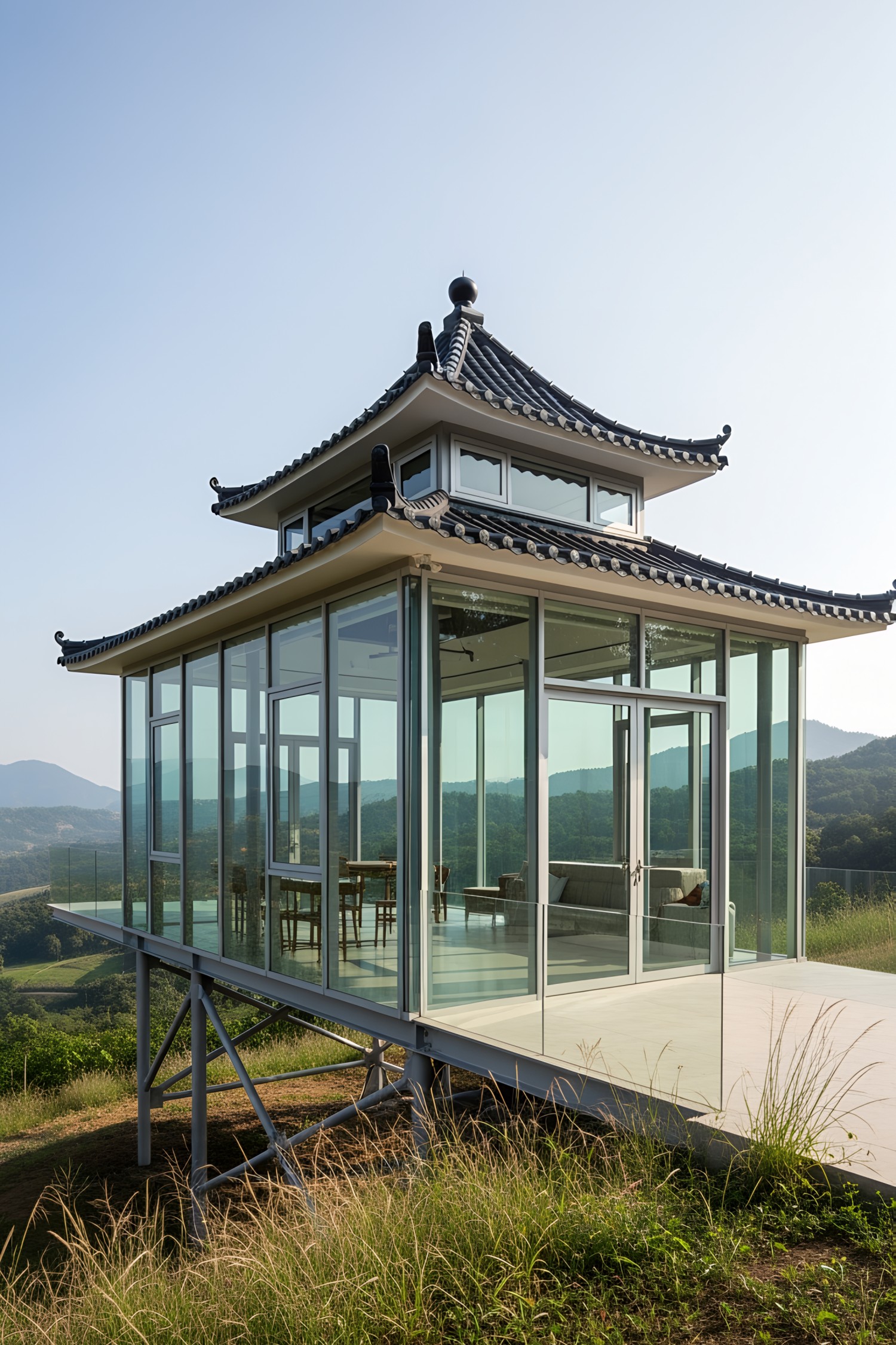Modern glass pavilion with pagoda roof on a hillside