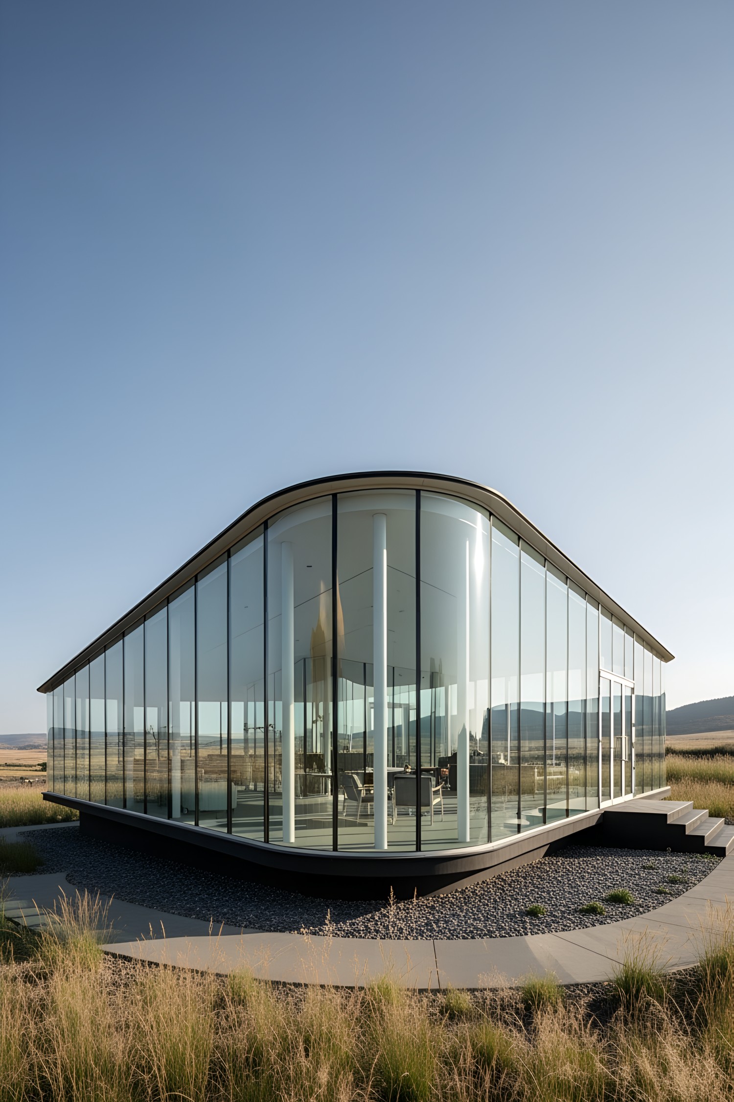 Sleek glass pavilion with panoramic views