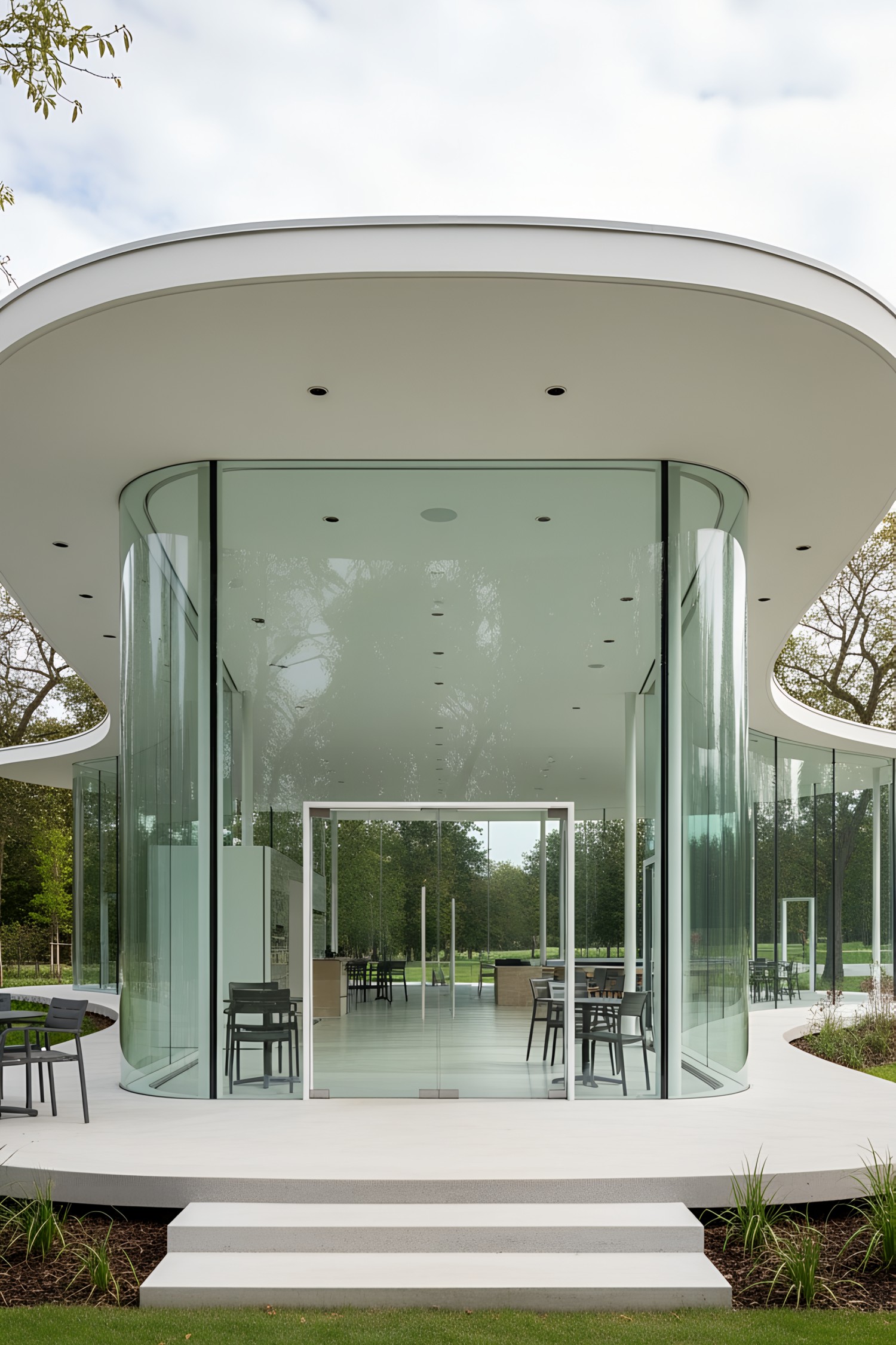 Modern glass pavilion with sweeping views