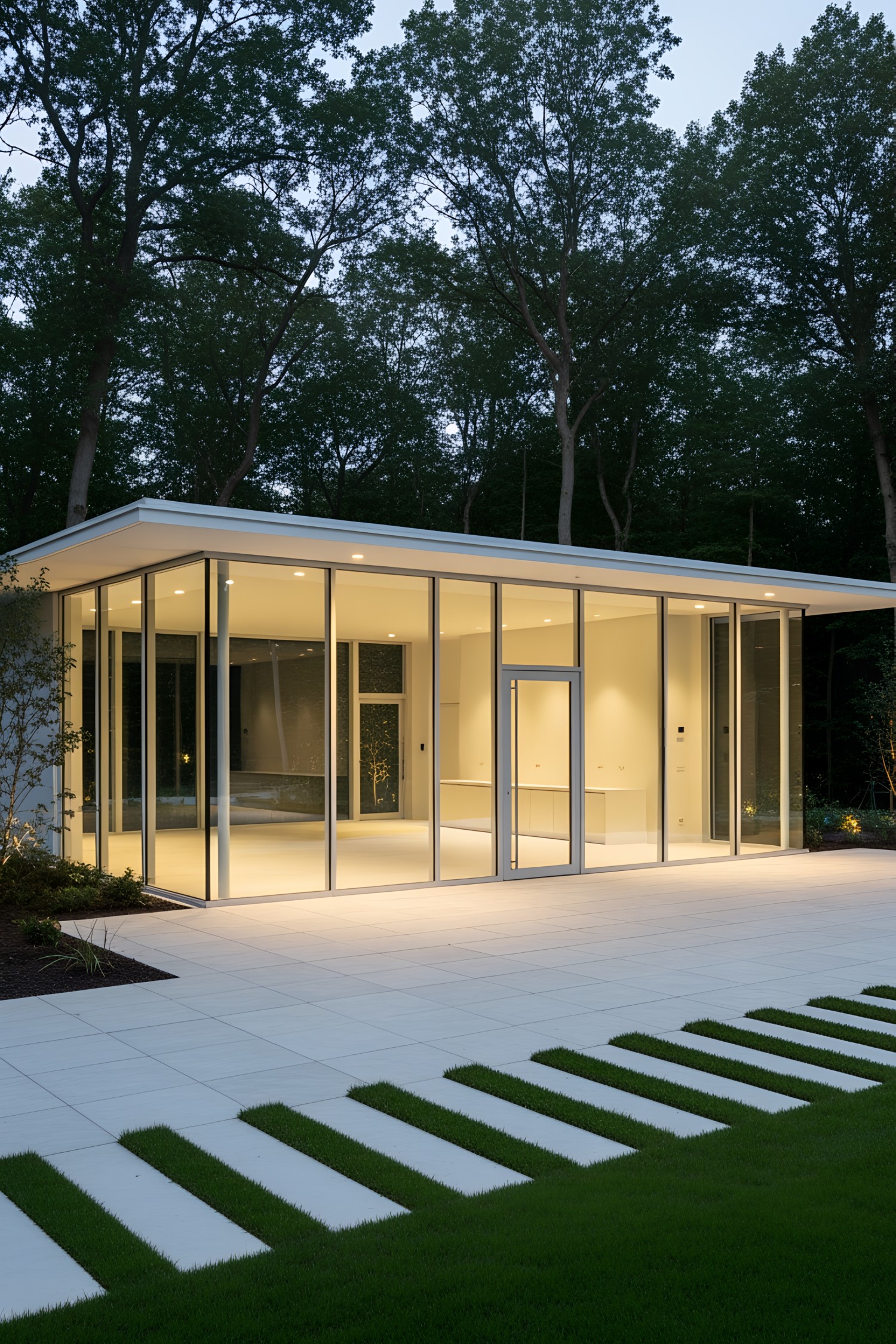 A modern glass pavilion nestled in a forested area