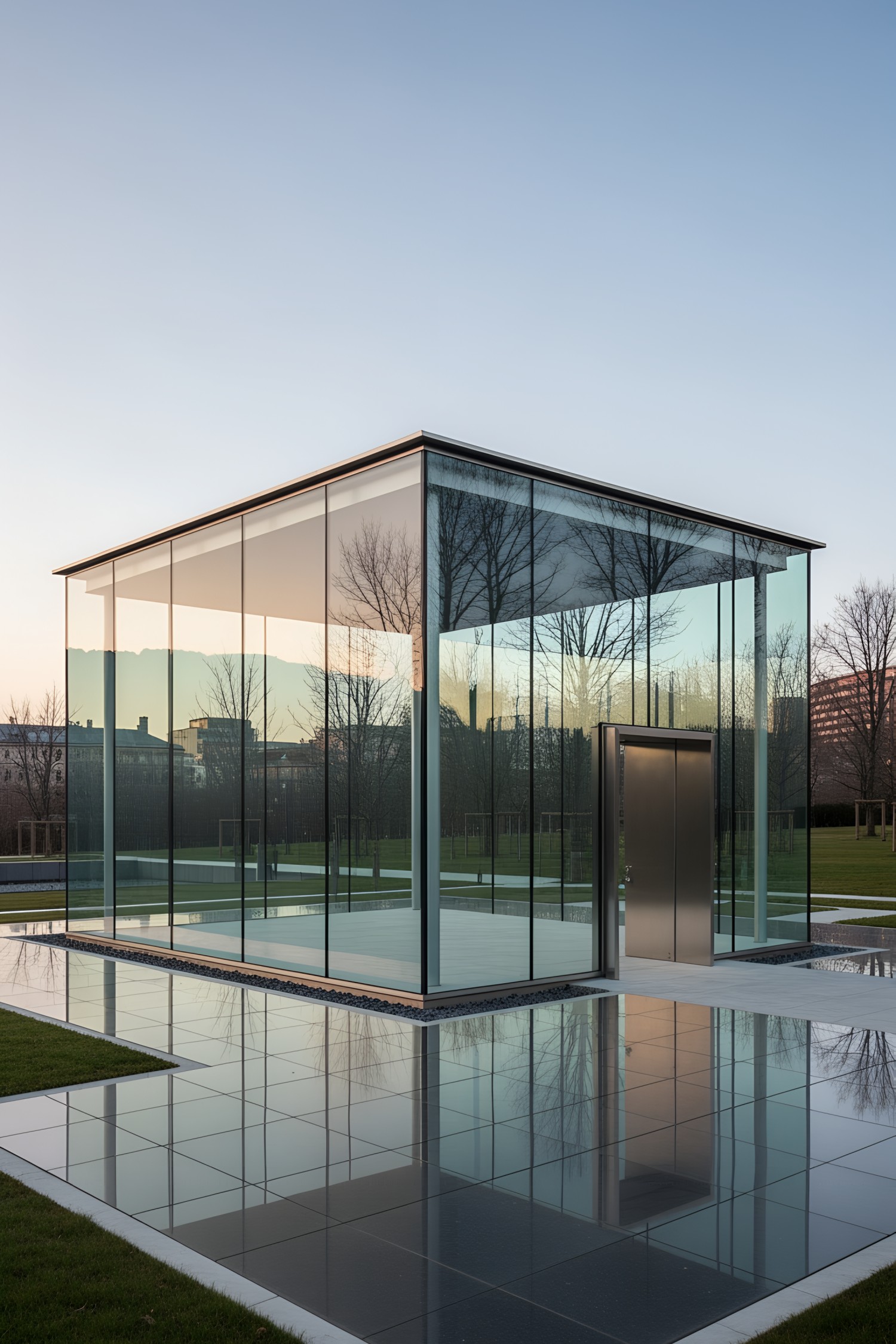 Modern glass pavilion surrounded by trees and reflective surface