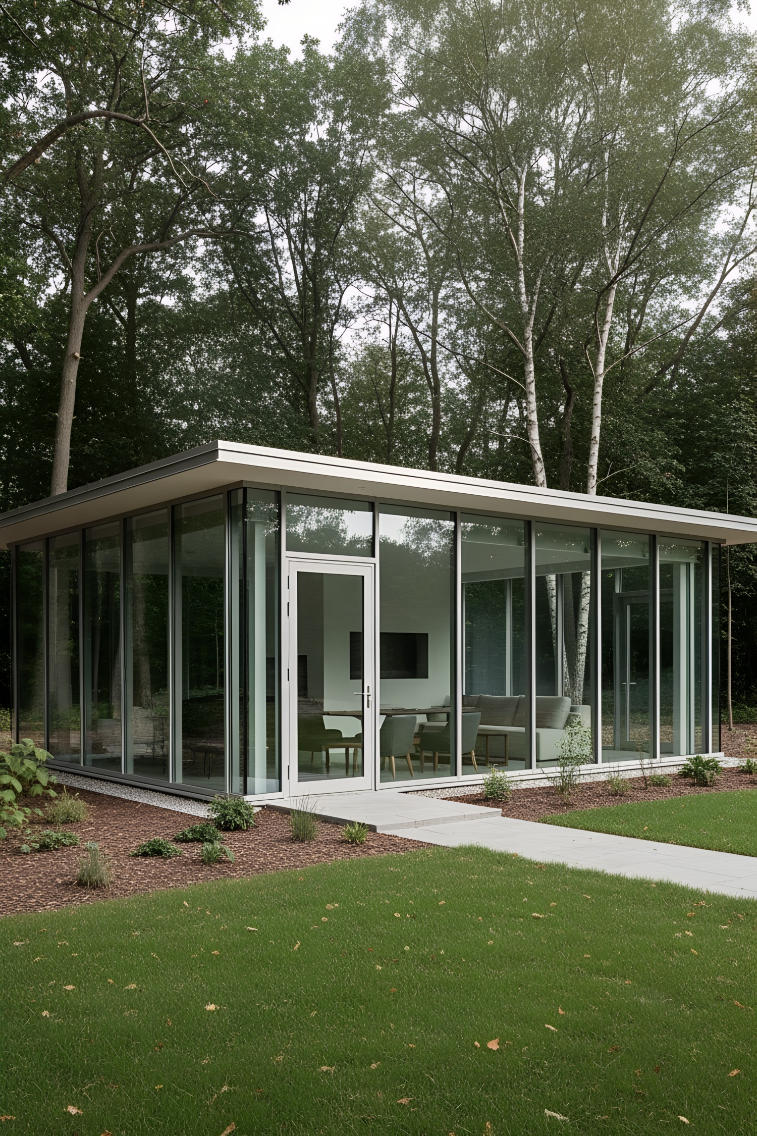 Modern glass pavilion surrounded by trees