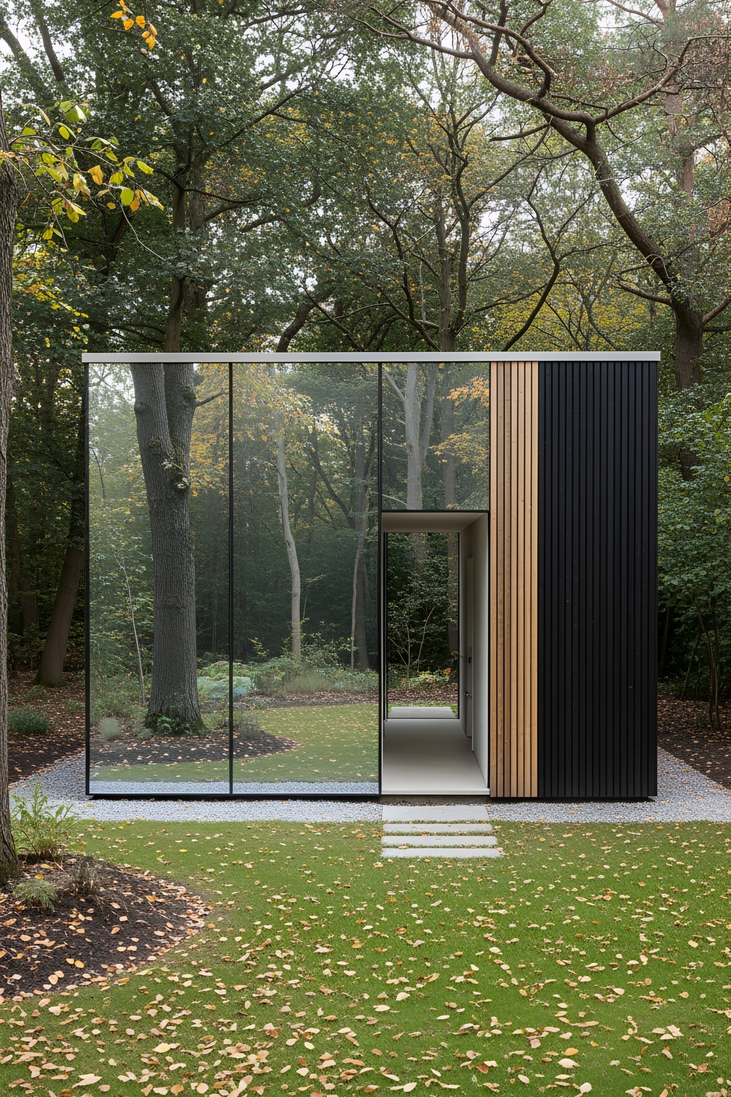 A modern glass pavilion surrounded by forest