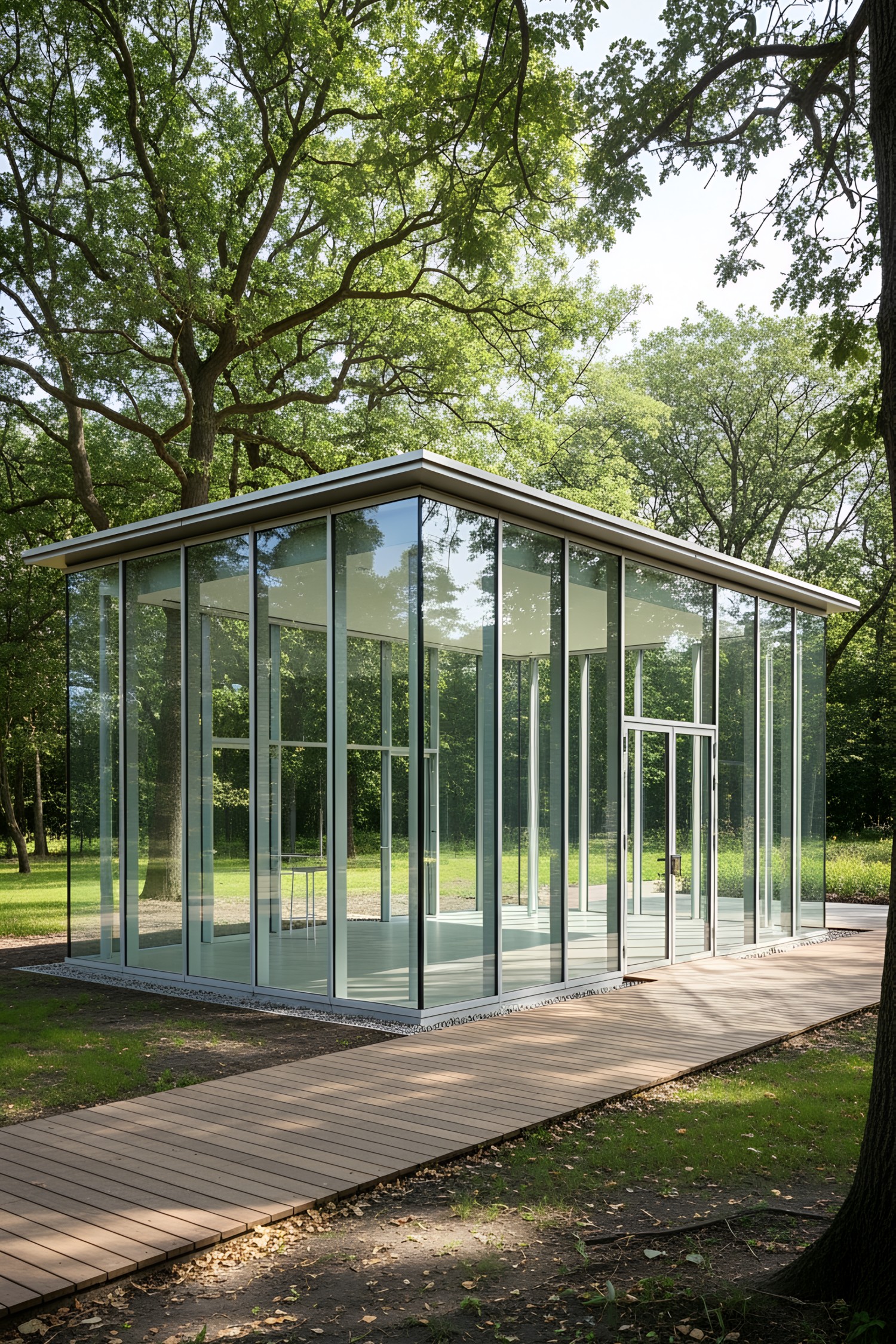 A modern glass pavilion surrounded by trees