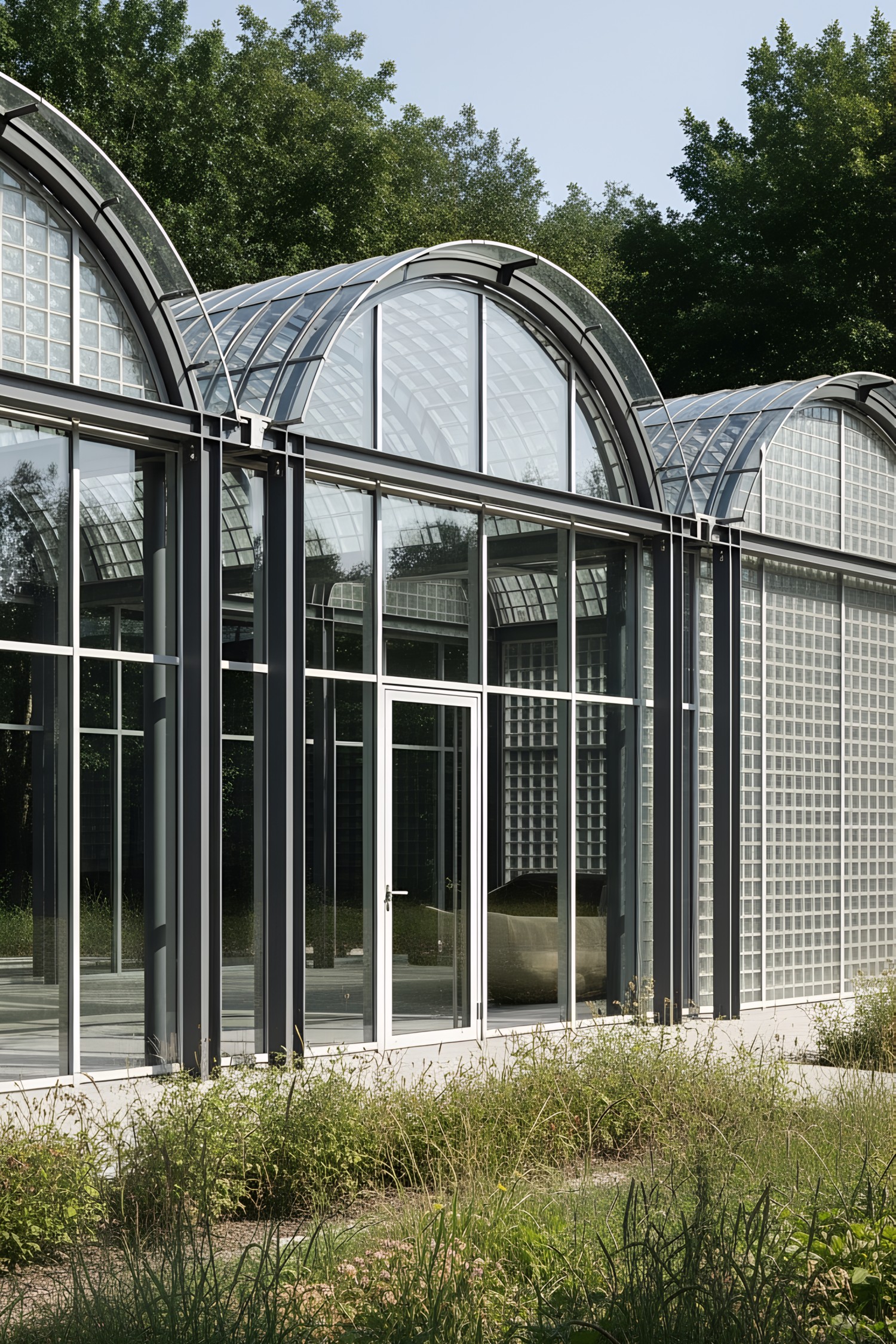 Glass pavilion with curved roof amidst greenery