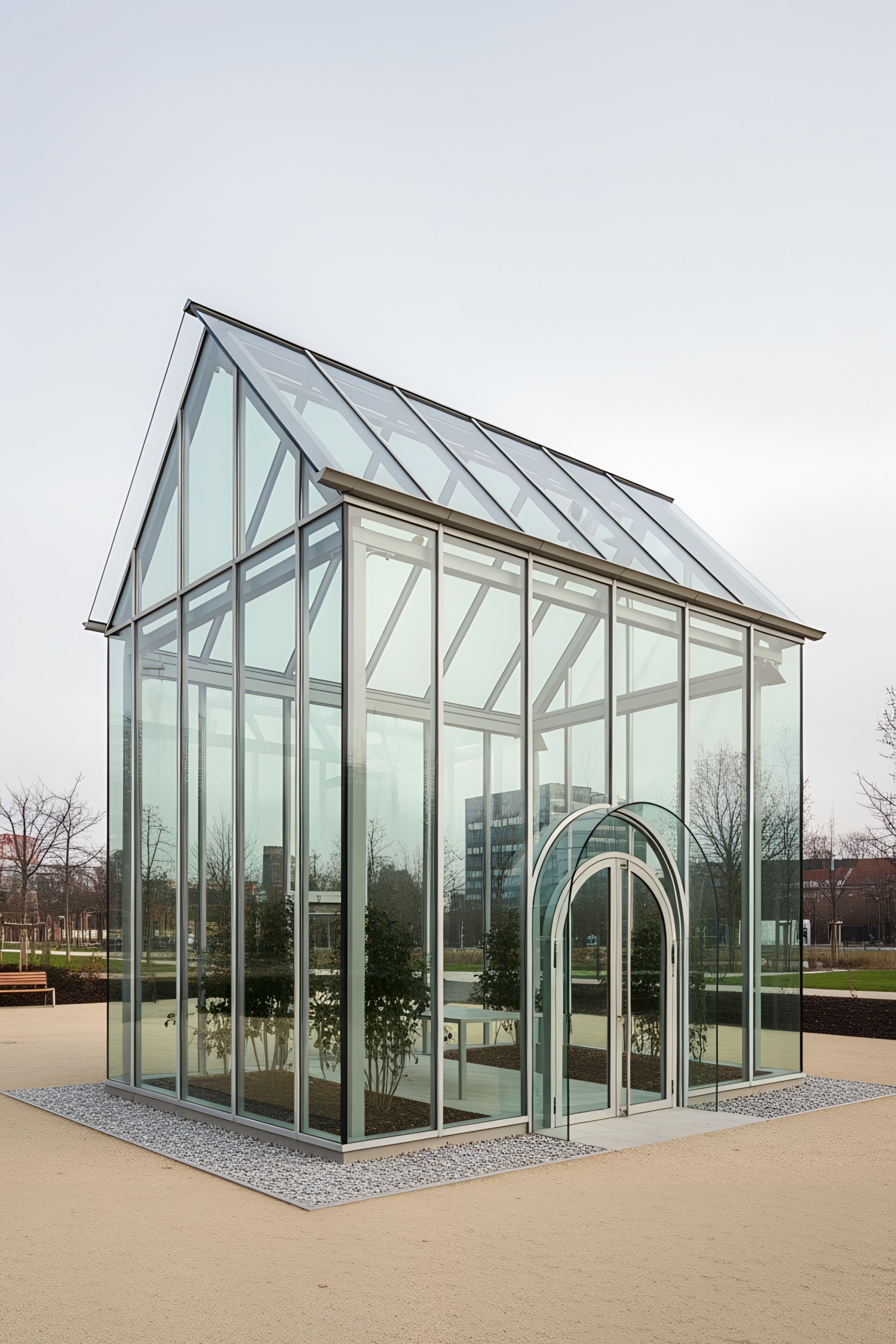 Sleek glass structure with an arched entrance