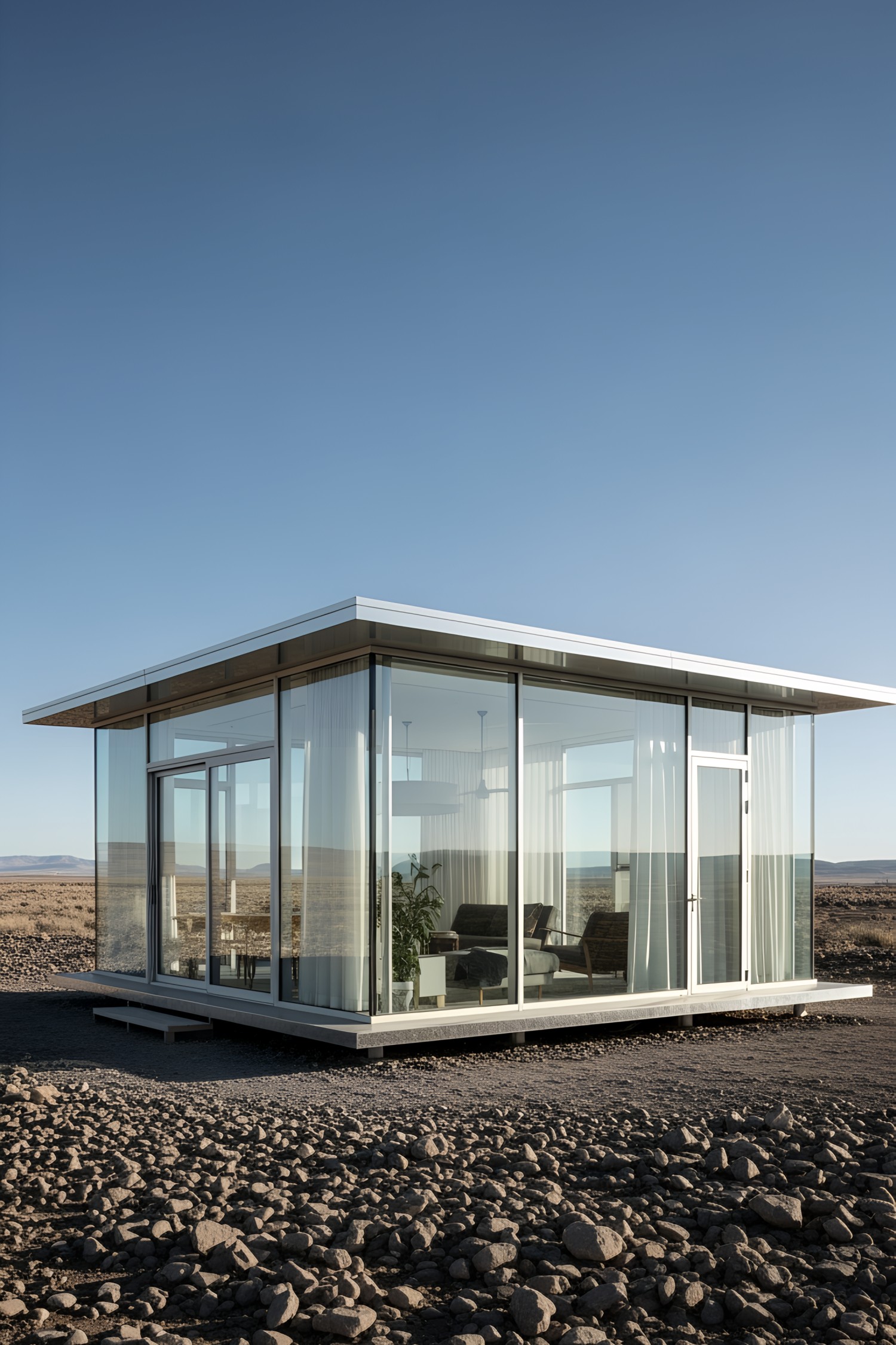 Modern glass pavilion with sheer curtains in a rocky desert landscape