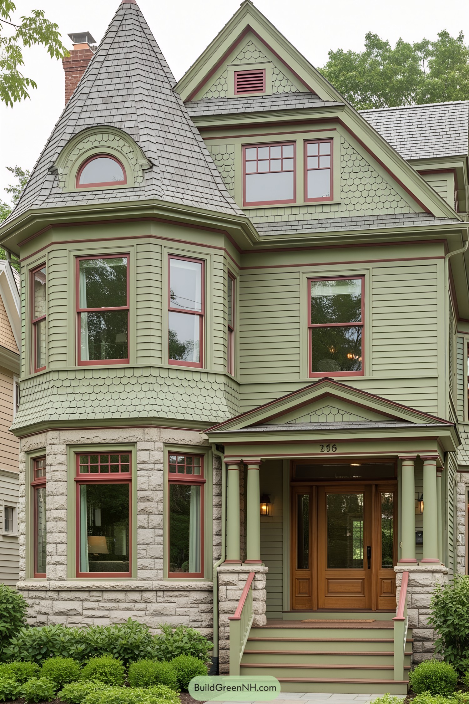 Green Victorian house with a turret and ornate details