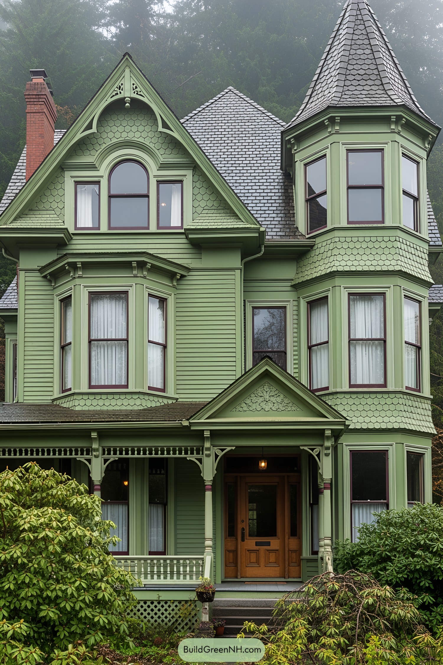 Victorian house with a green exterior and a turret