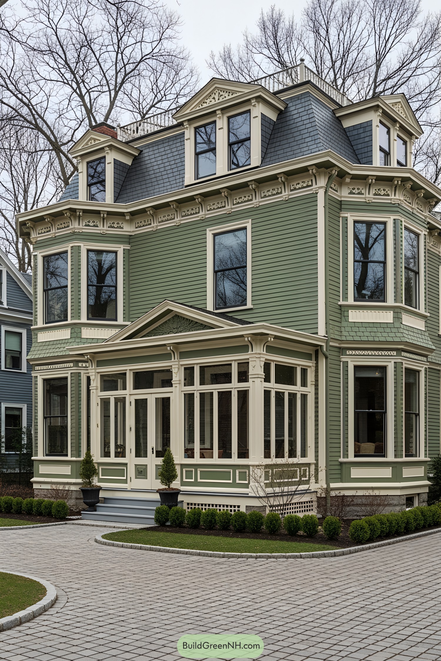 Victorian house with green siding and intricate trim details