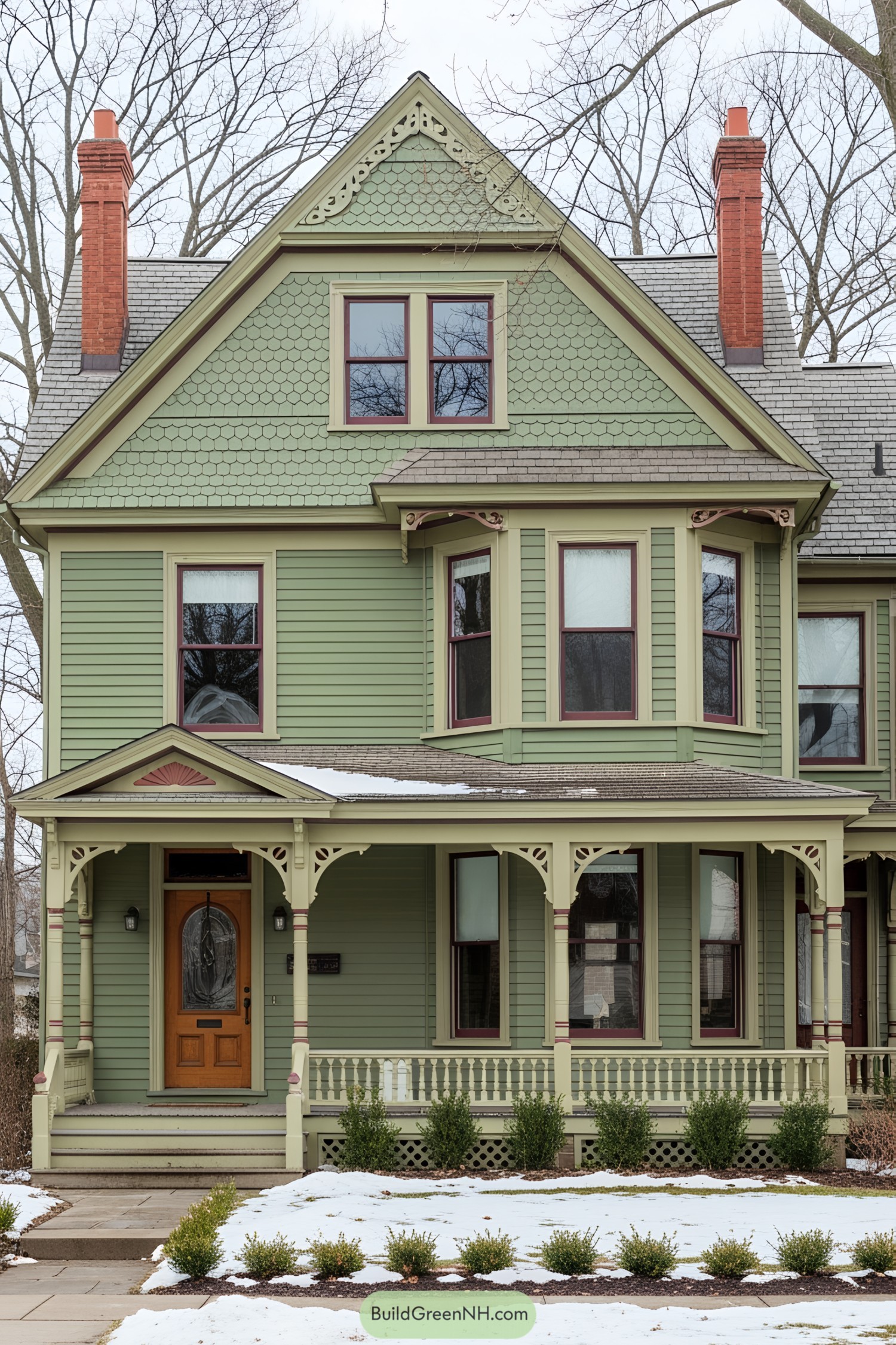 Charming green Victorian house with detailed trim