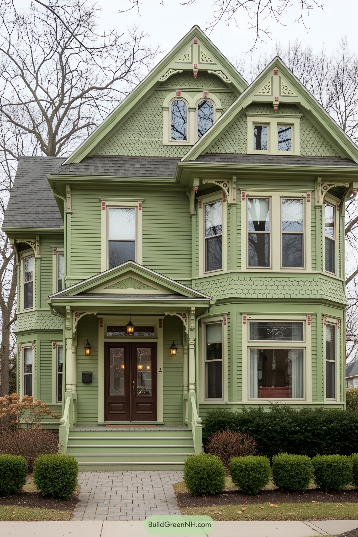 Green Victorian house with intricate details