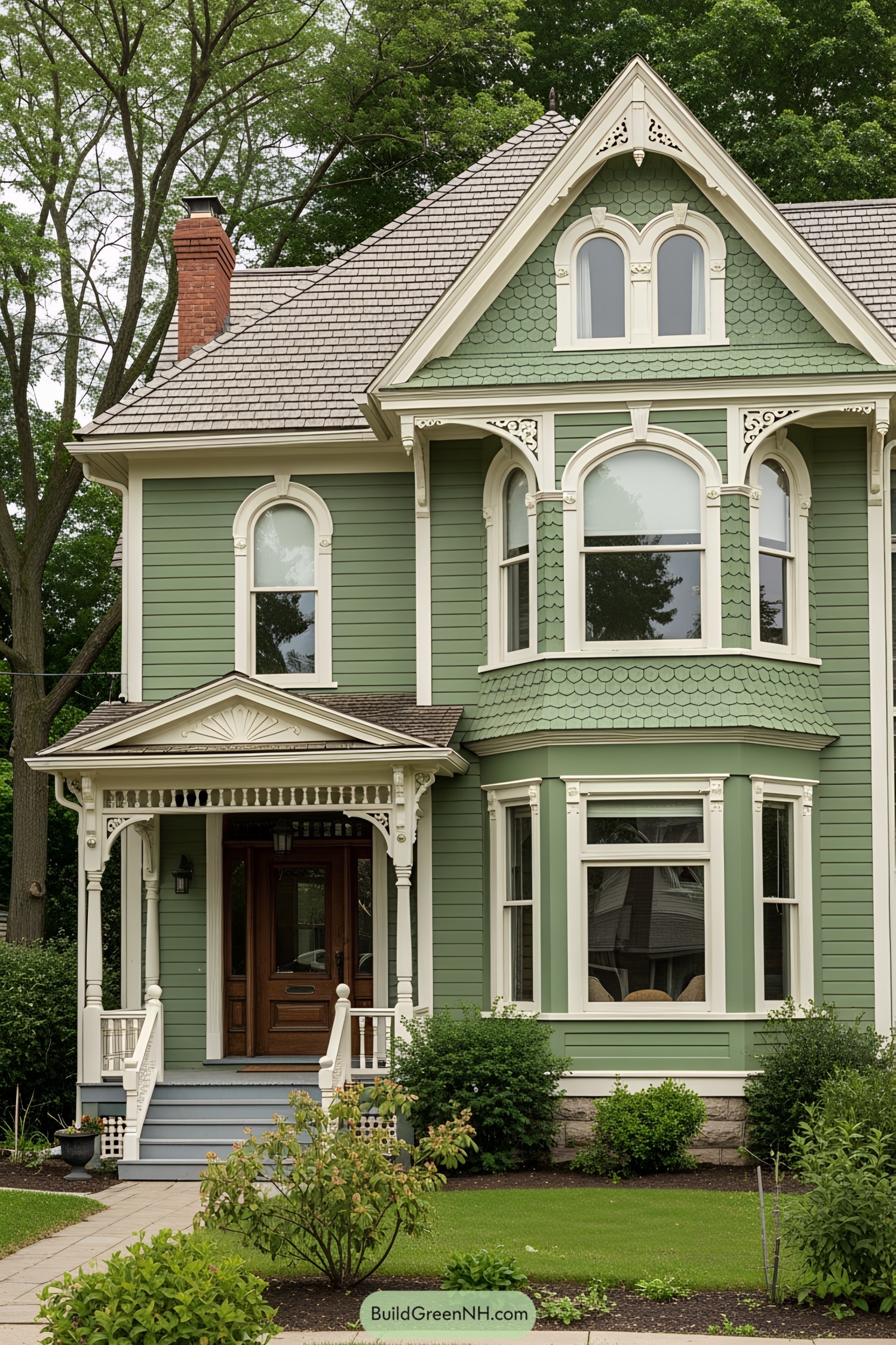 Charming green Victorian house with intricate details