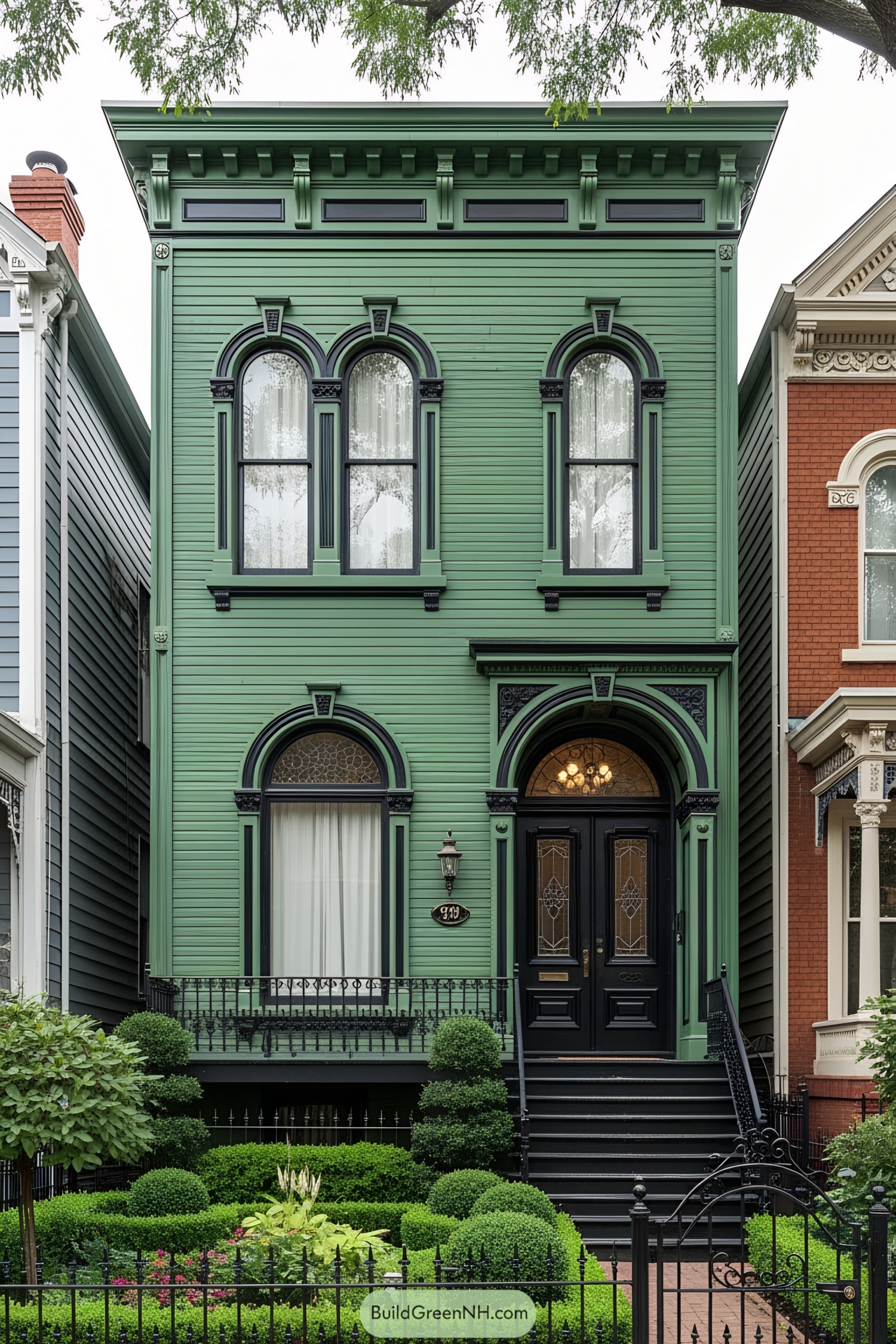 Victorian house with a green exterior and ornate details