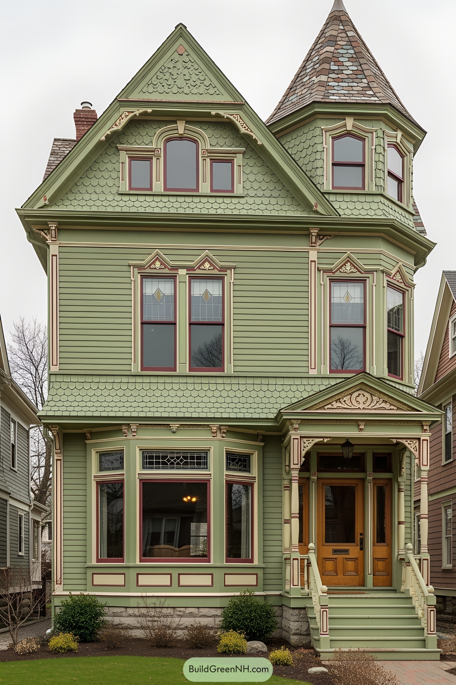 Green Victorian house with ornate details and tower