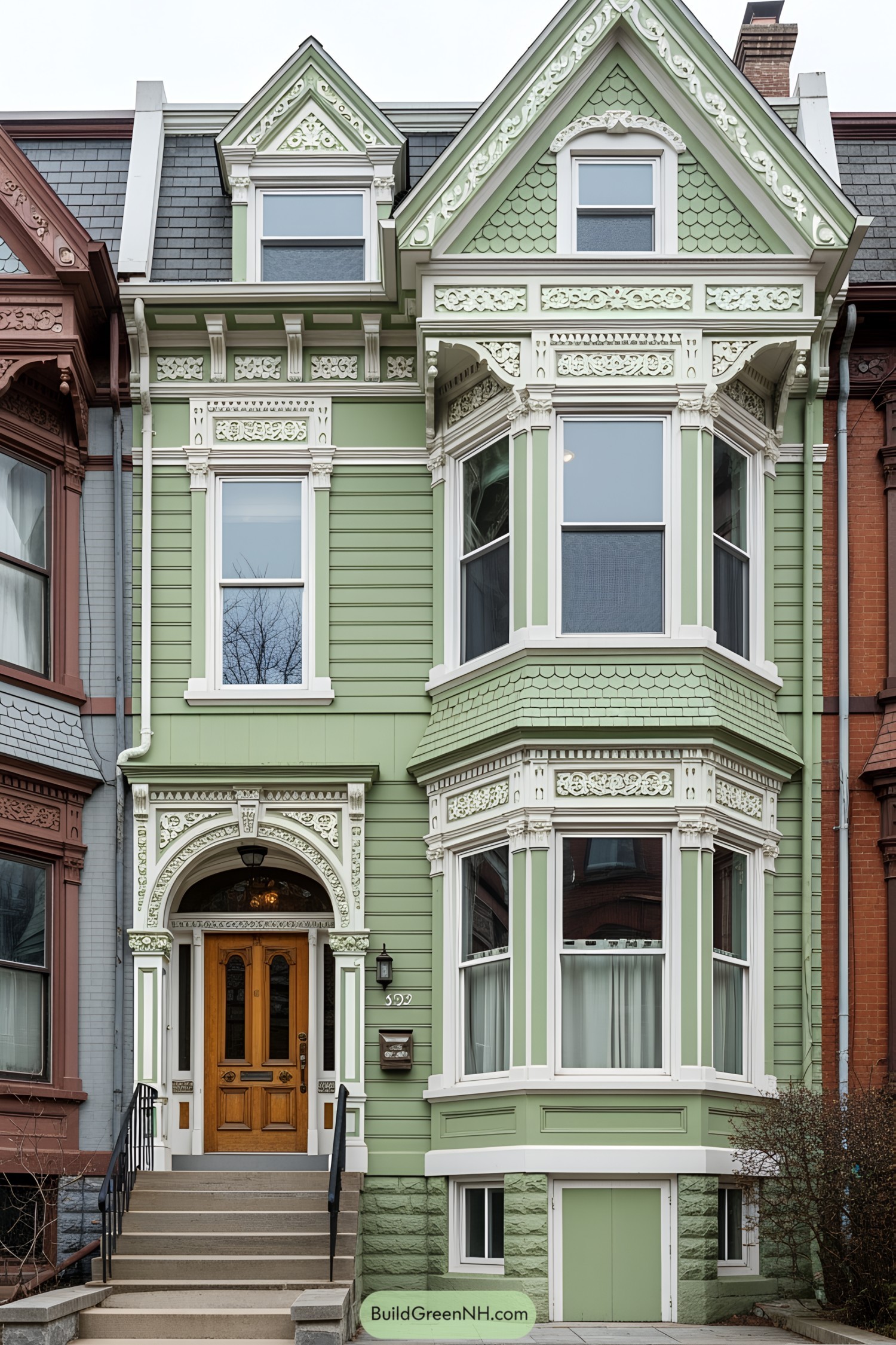 Victorian-style green house with ornate details
