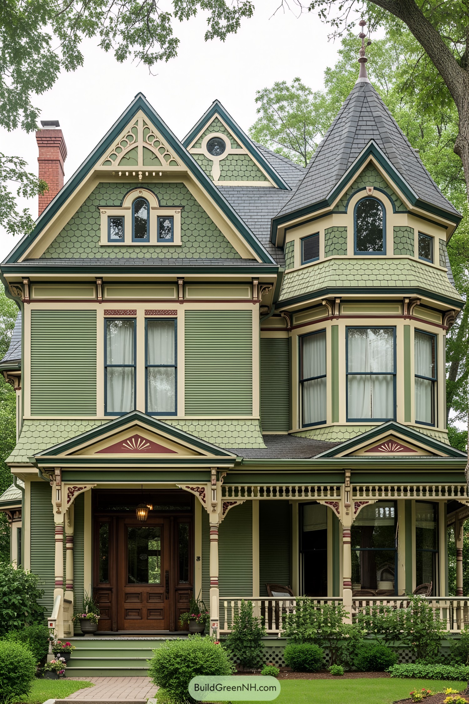 Green Victorian house with ornate detailing and tower