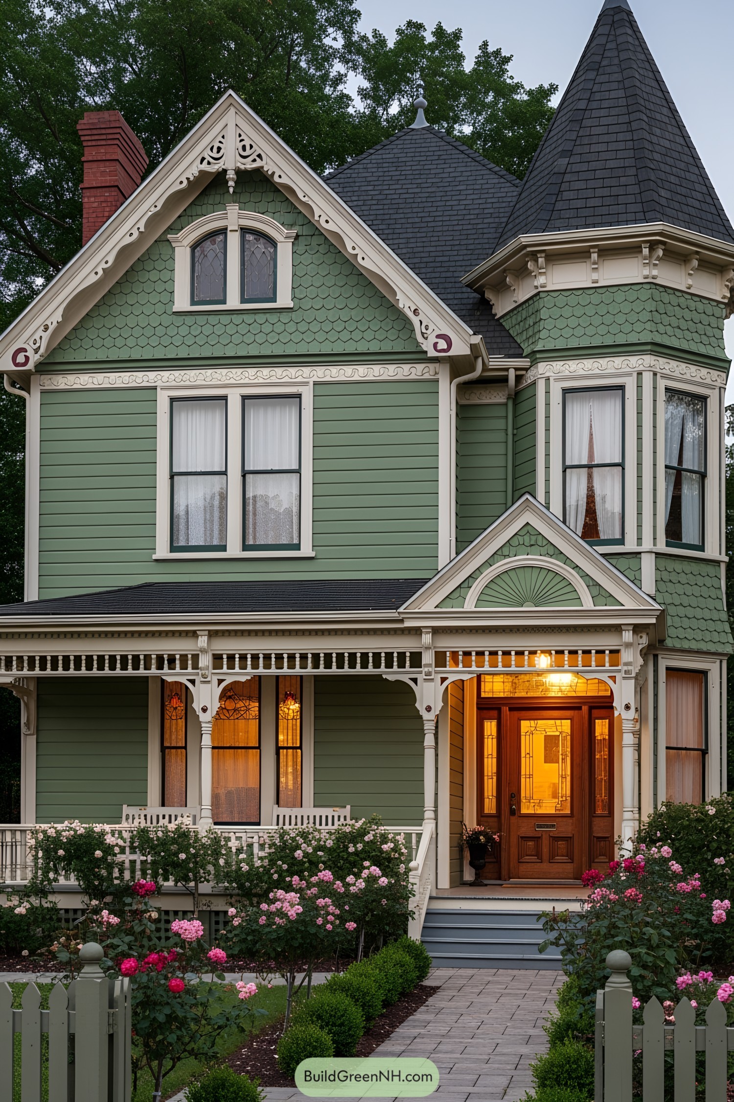 Green Victorian house with intricate details and a cozy porch