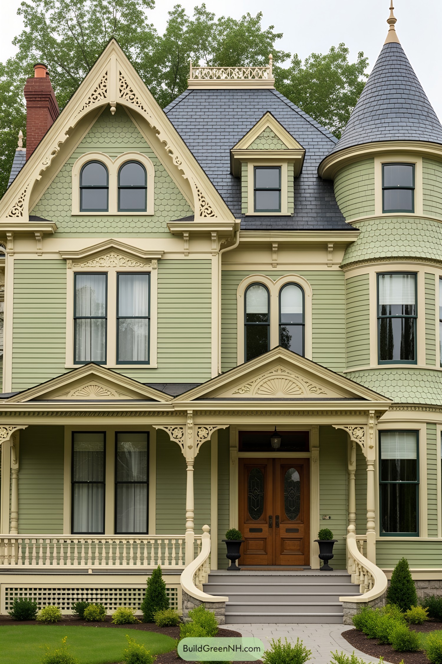 Victorian house with light green facade and intricate trim