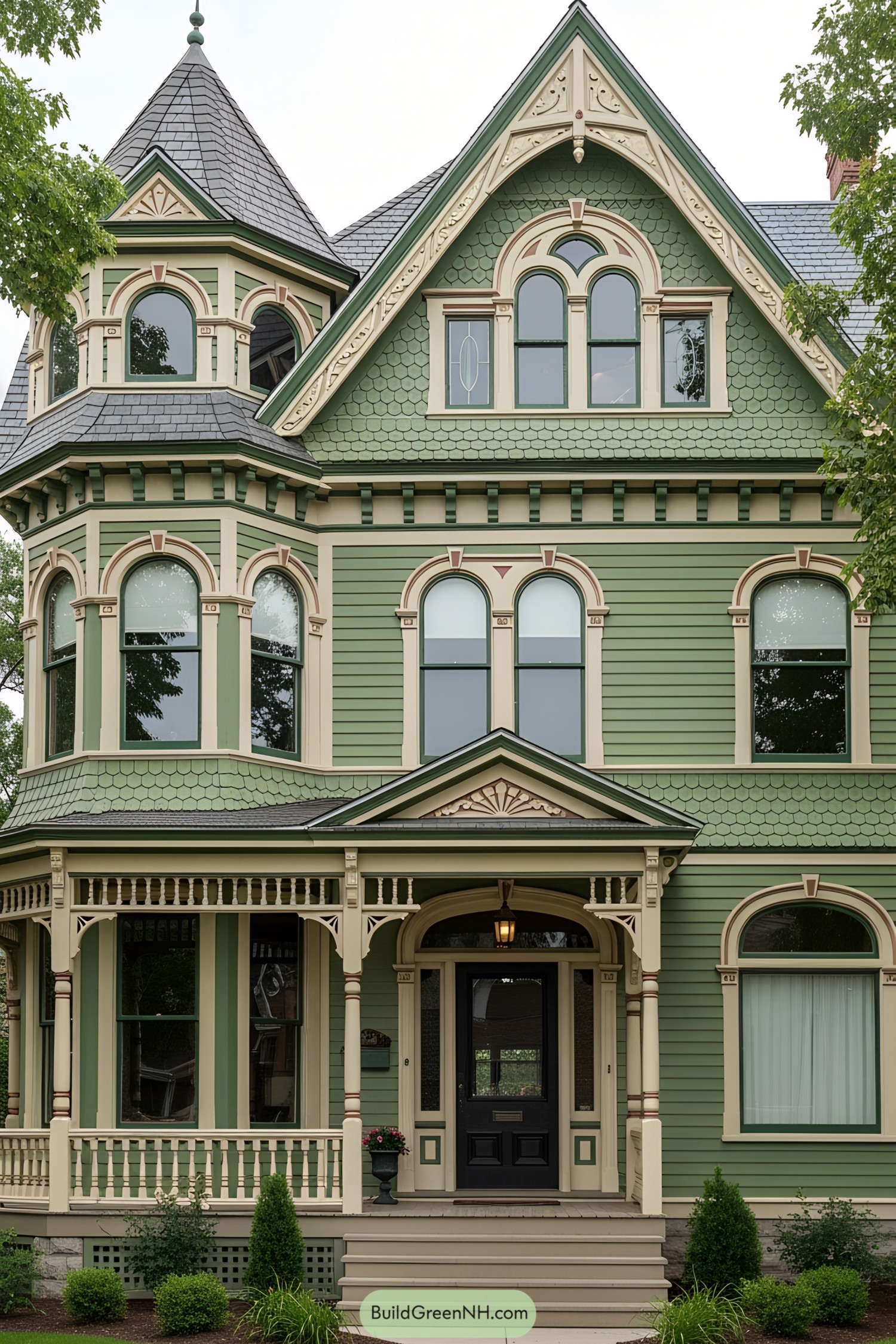 Victorian house with green and cream exterior